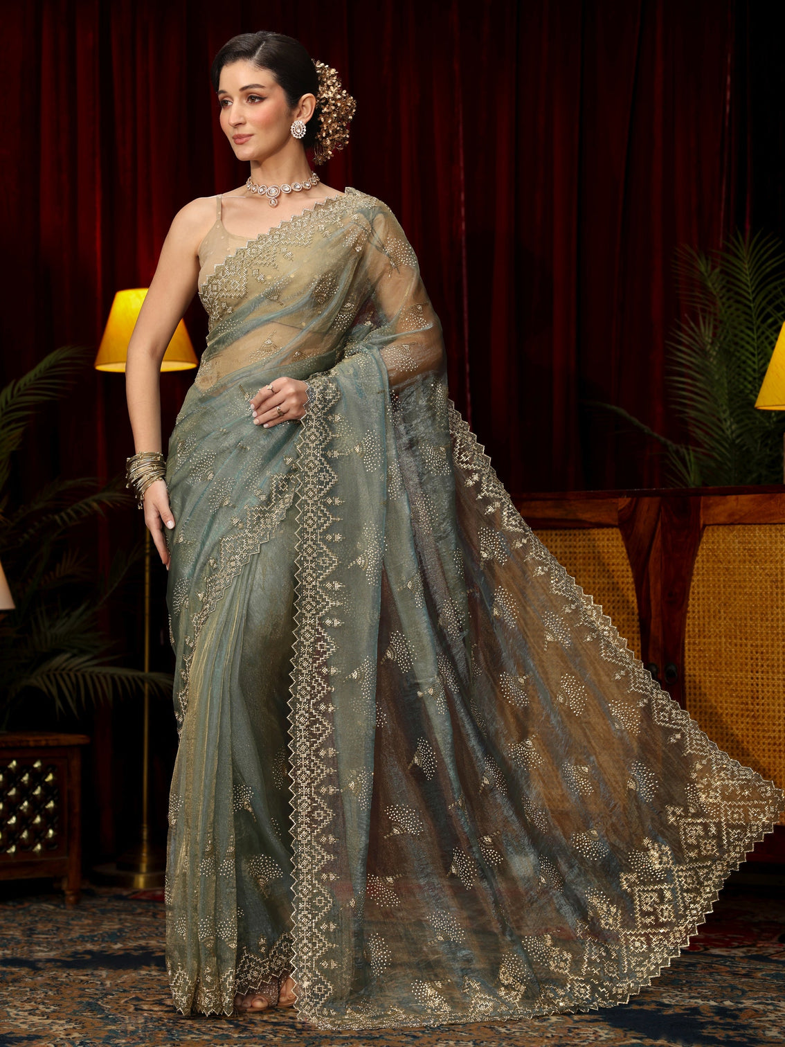 Mameraa Art Blue Stone Work Embellished Tissue Saree