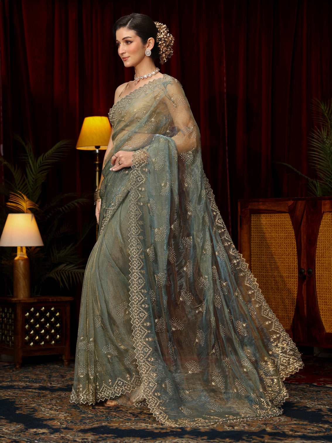 Mameraa Art Blue Stone Work Embellished Tissue Saree