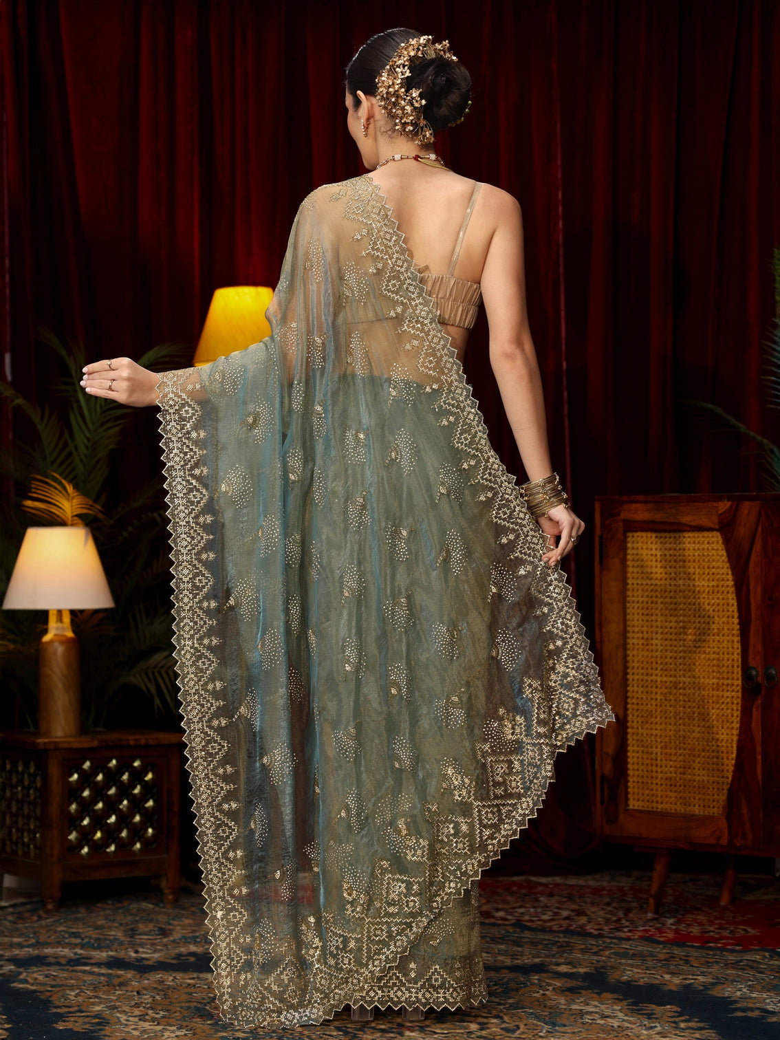 Mameraa Art Blue Stone Work Embellished Tissue Saree