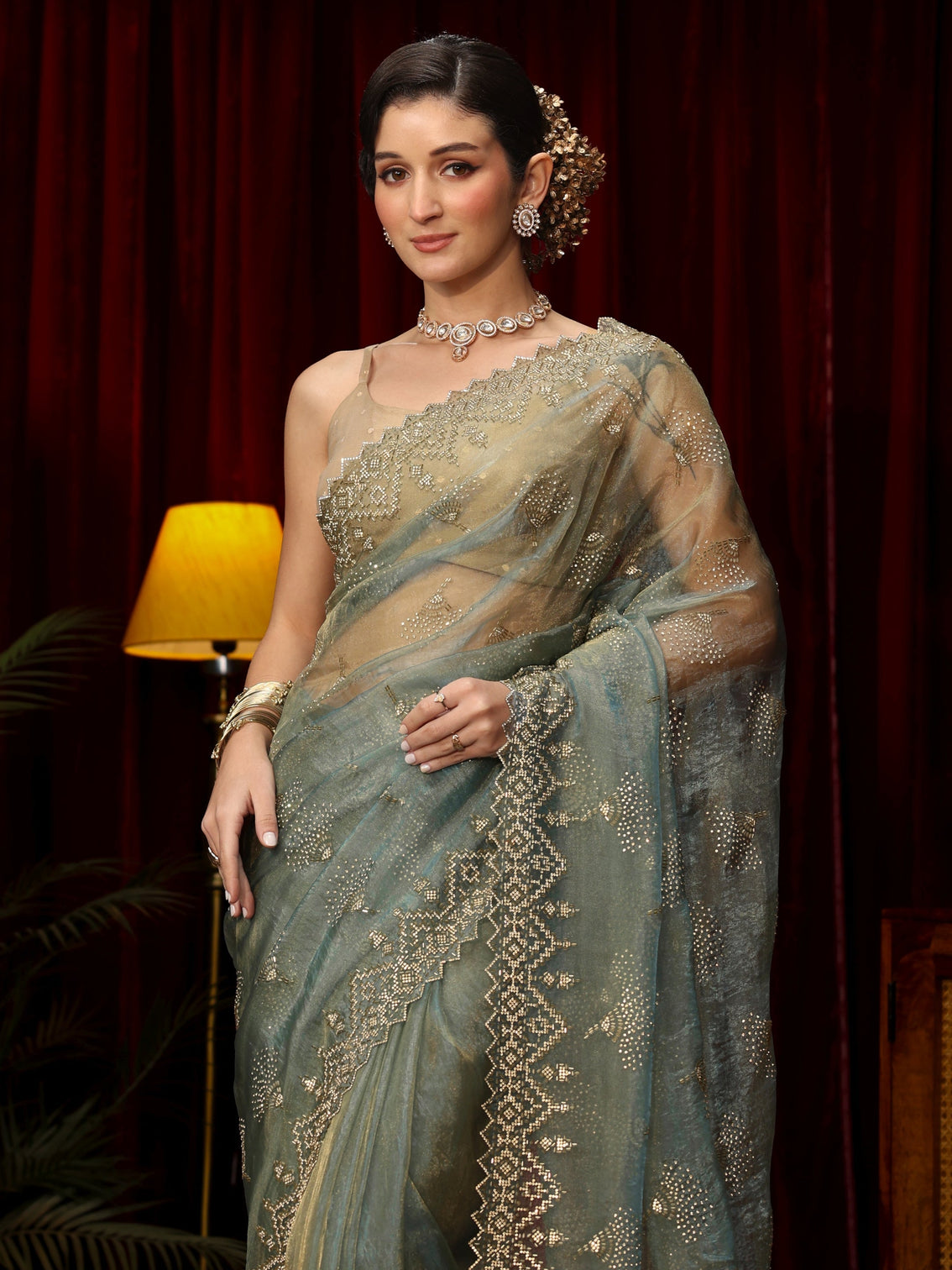 Mameraa Art Blue Stone Work Embellished Tissue Saree
