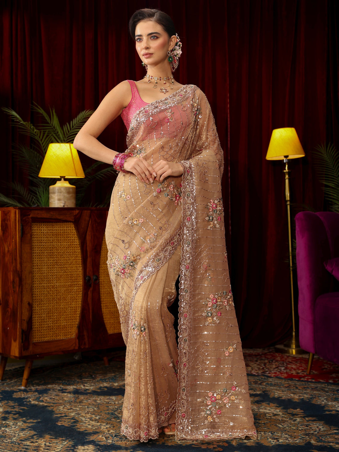 Mameraa Art Golden Floral Embellished Tissue Saree
