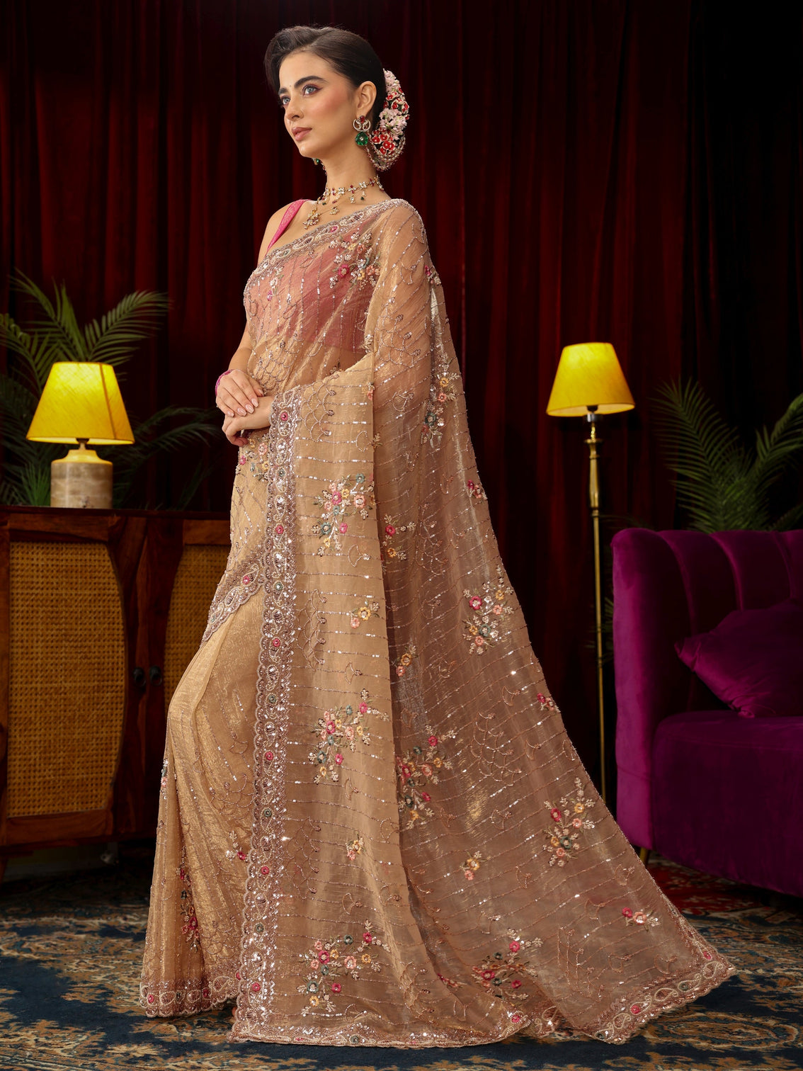 Mameraa Art Golden Floral Embellished Tissue Saree