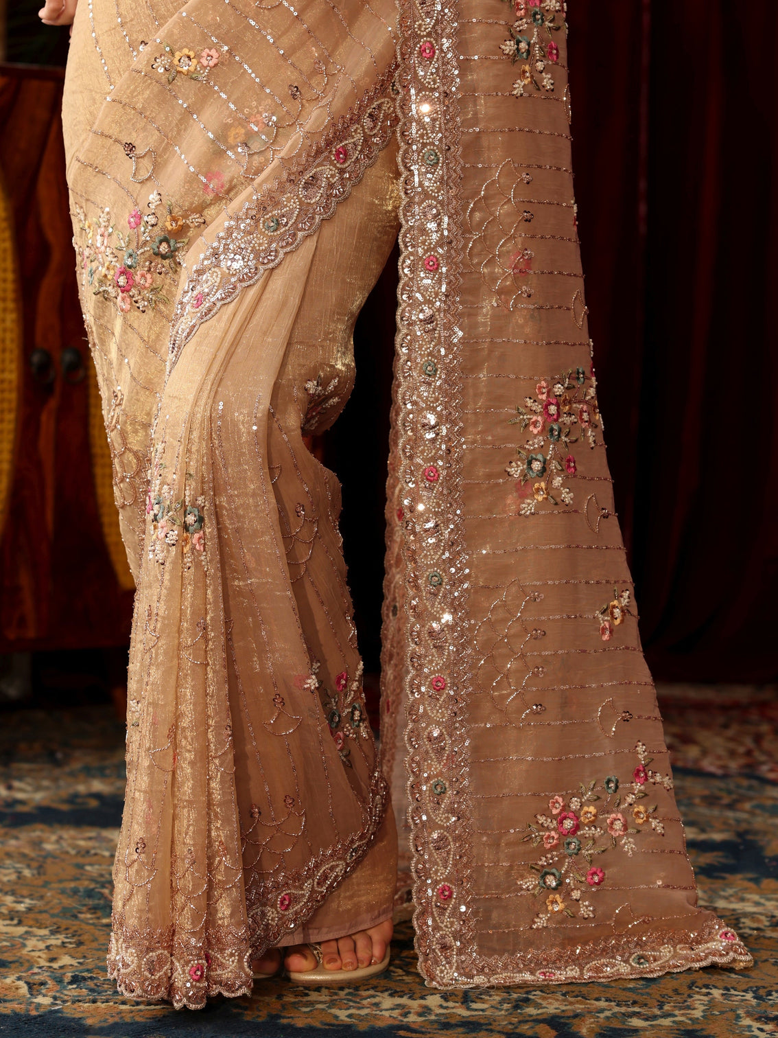 Mameraa Art Golden Floral Embellished Tissue Saree