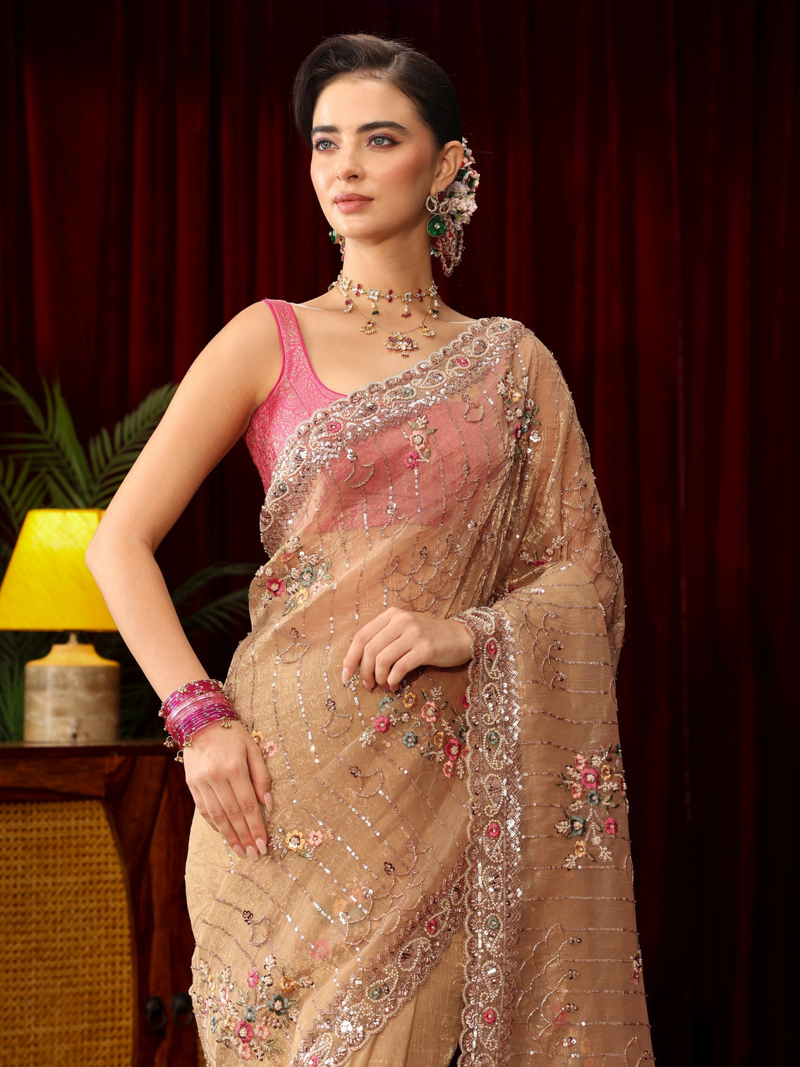 Mameraa Art Golden Floral Embellished Tissue Saree