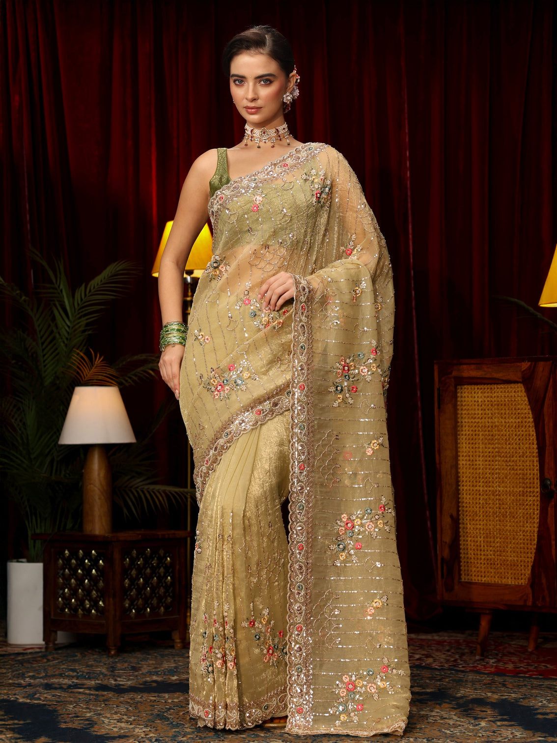 Mameraa Art Green Floral Embellished Tissue Saree