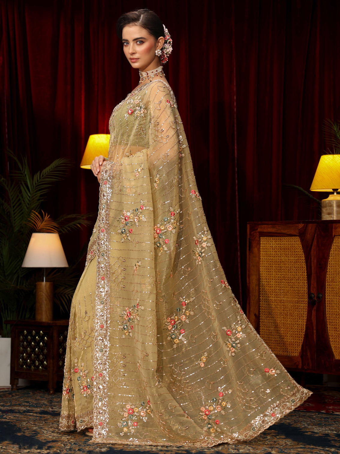 Mameraa Art Green Floral Embellished Tissue Saree