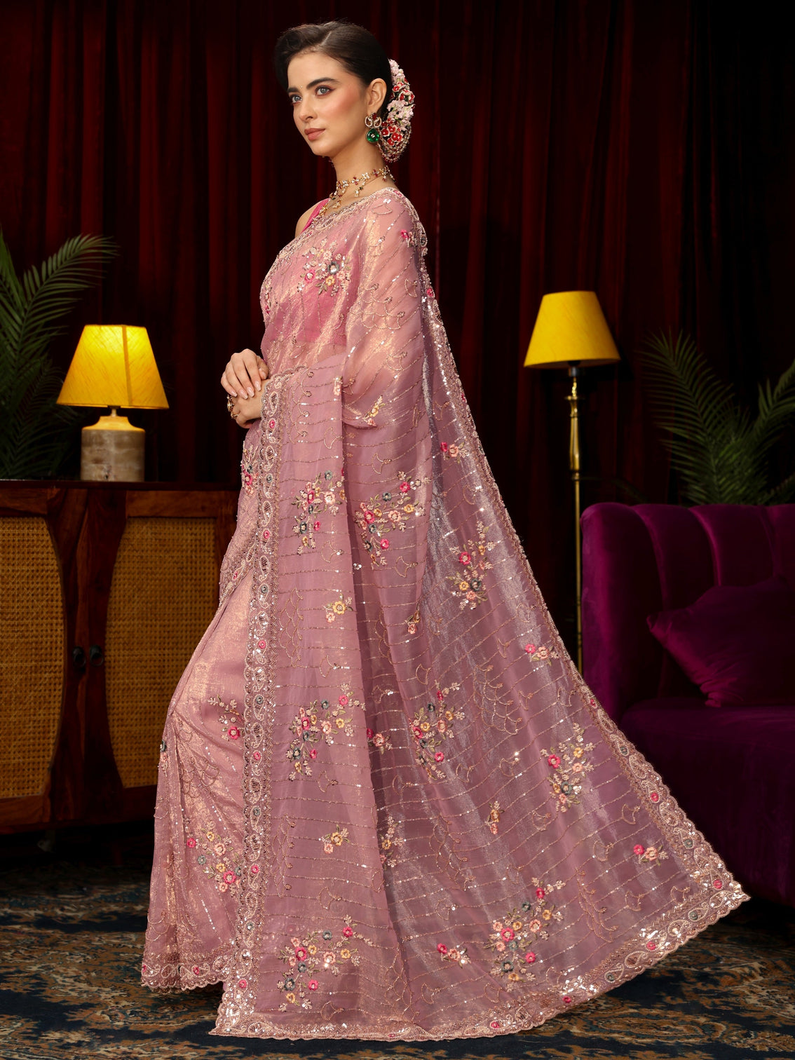 Mameraa Art Lavender Floral Embellished Tissue Saree