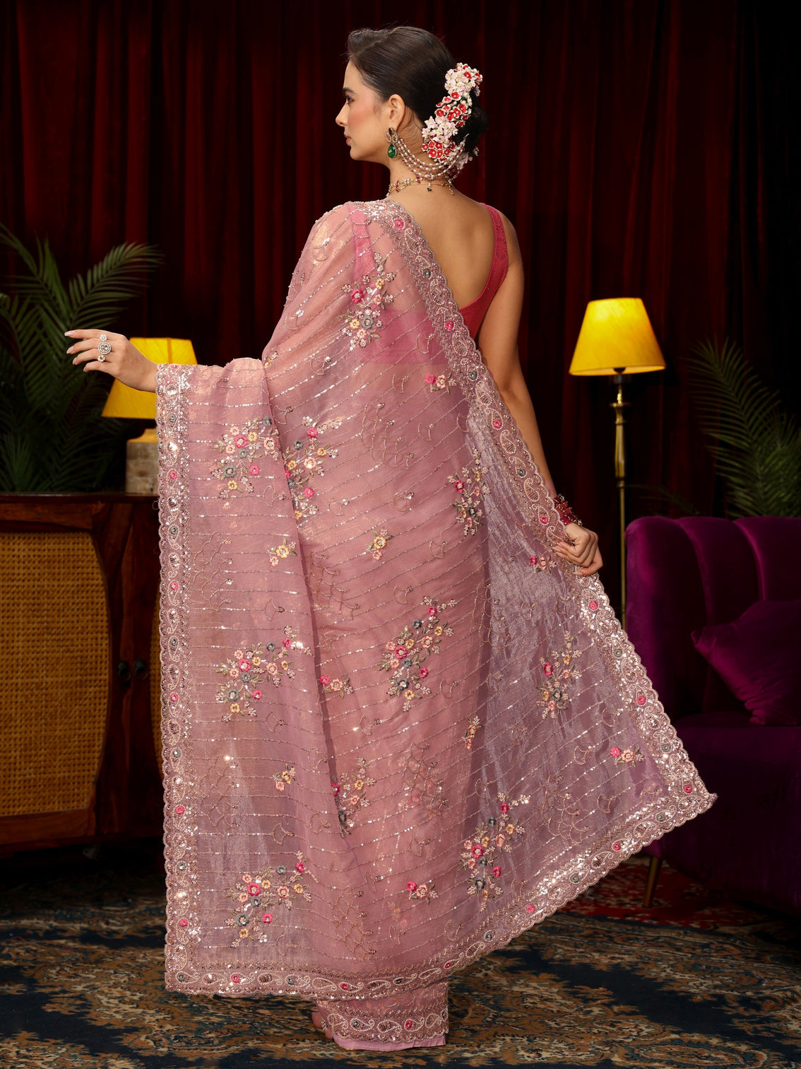 Mameraa Art Lavender Floral Embellished Tissue Saree