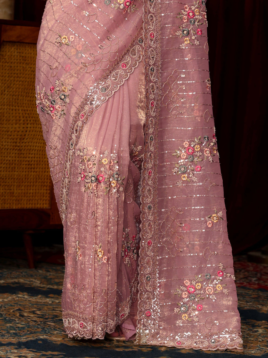 Mameraa Art Lavender Floral Embellished Tissue Saree