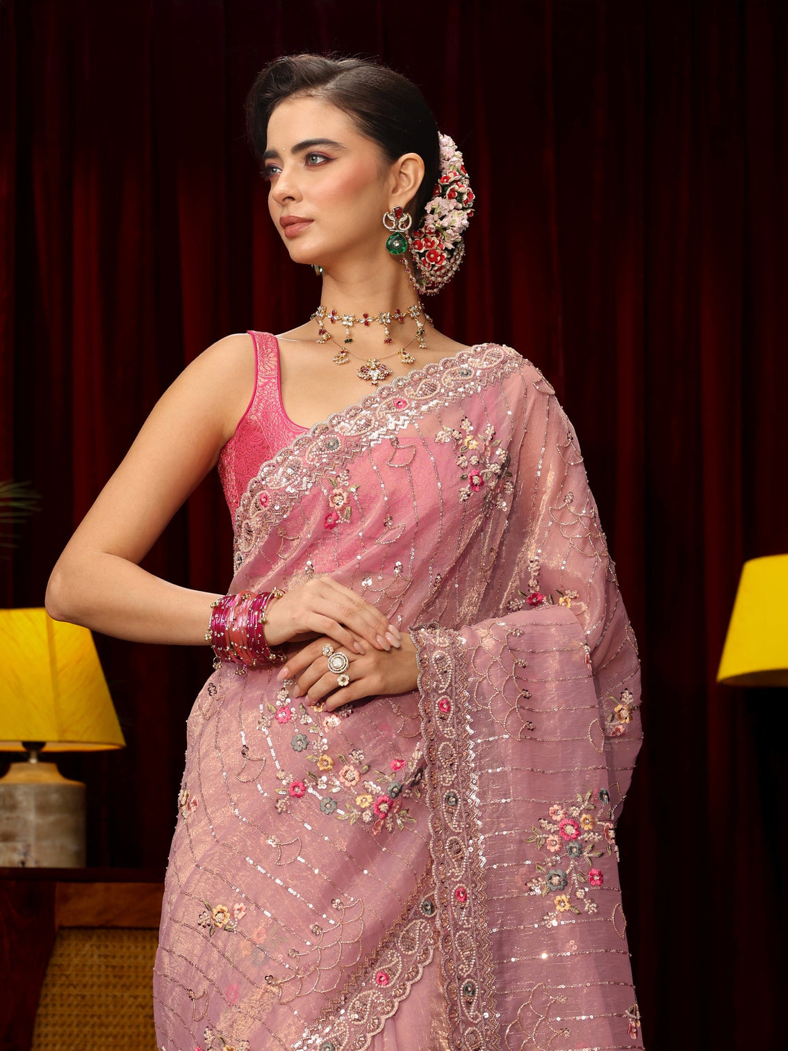 Mameraa Art Lavender Floral Embellished Tissue Saree