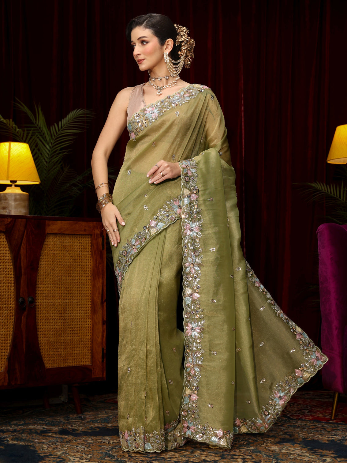 Mameraa Art Olive Green Sequin Embellished Tissue Saree