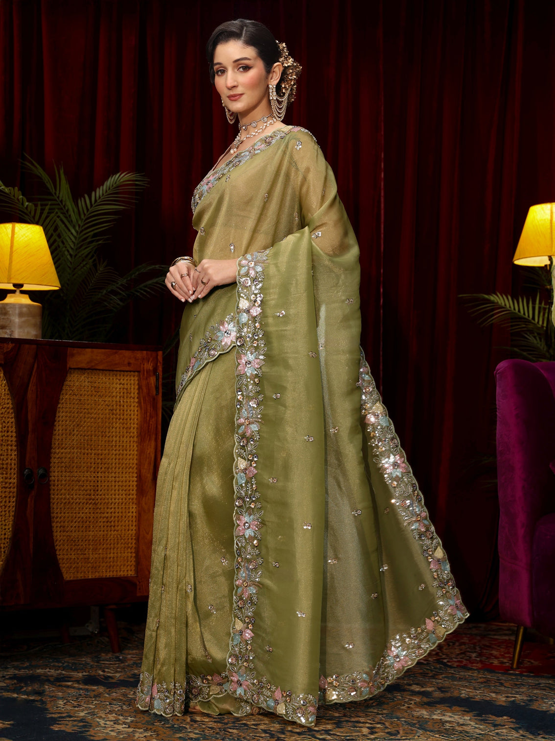 Mameraa Art Olive Green Sequin Embellished Tissue Saree