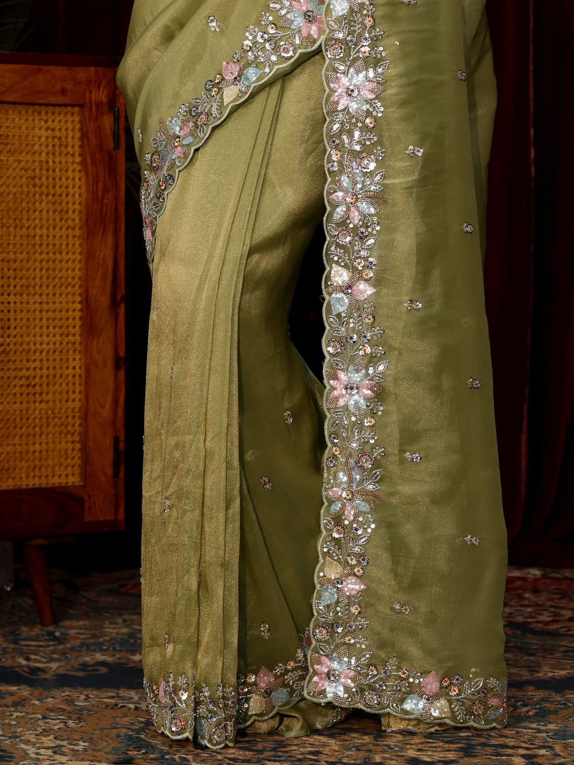 Mameraa Art Olive Green Sequin Embellished Tissue Saree