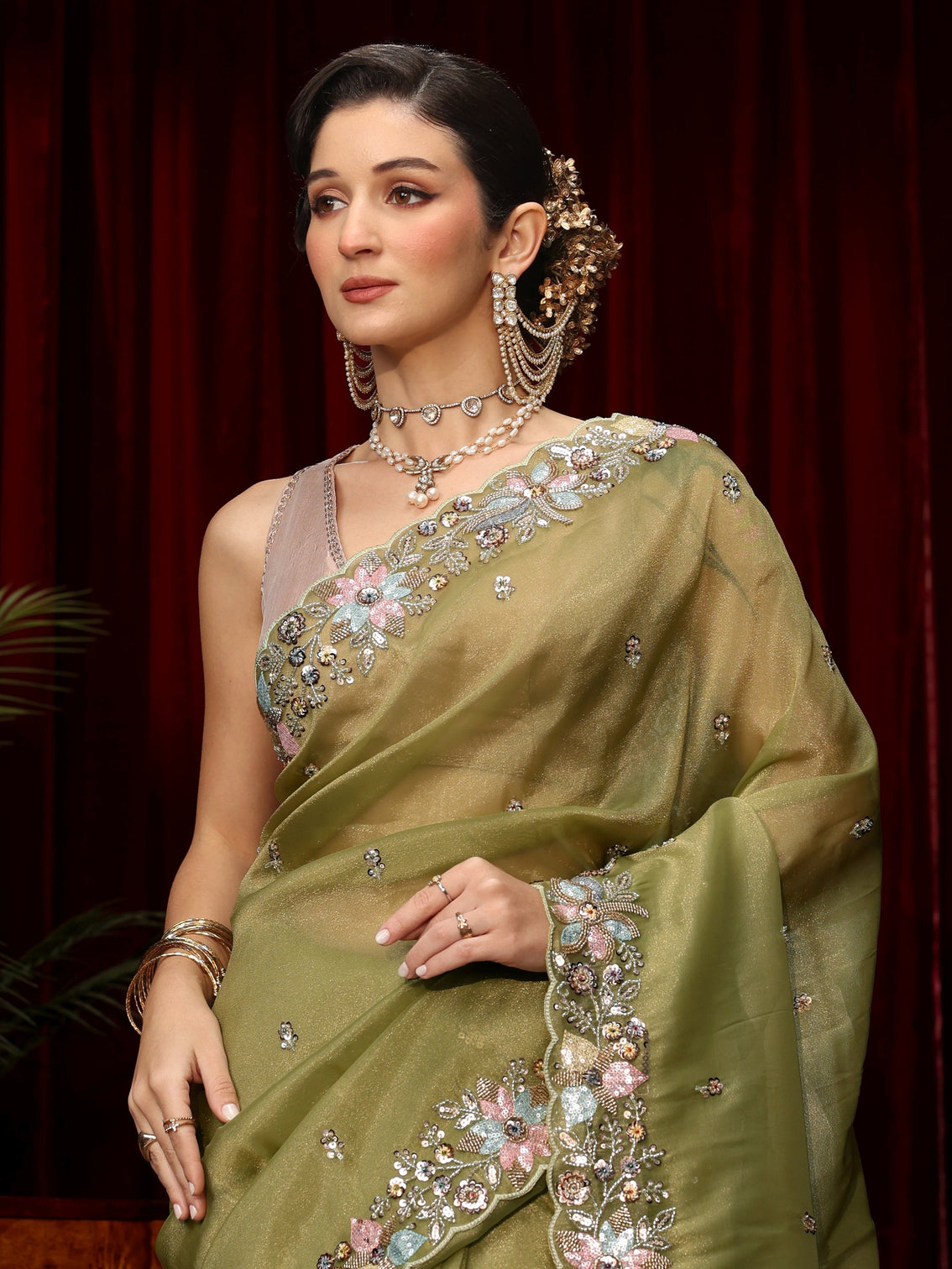 Mameraa Art Olive Green Sequin Embellished Tissue Saree