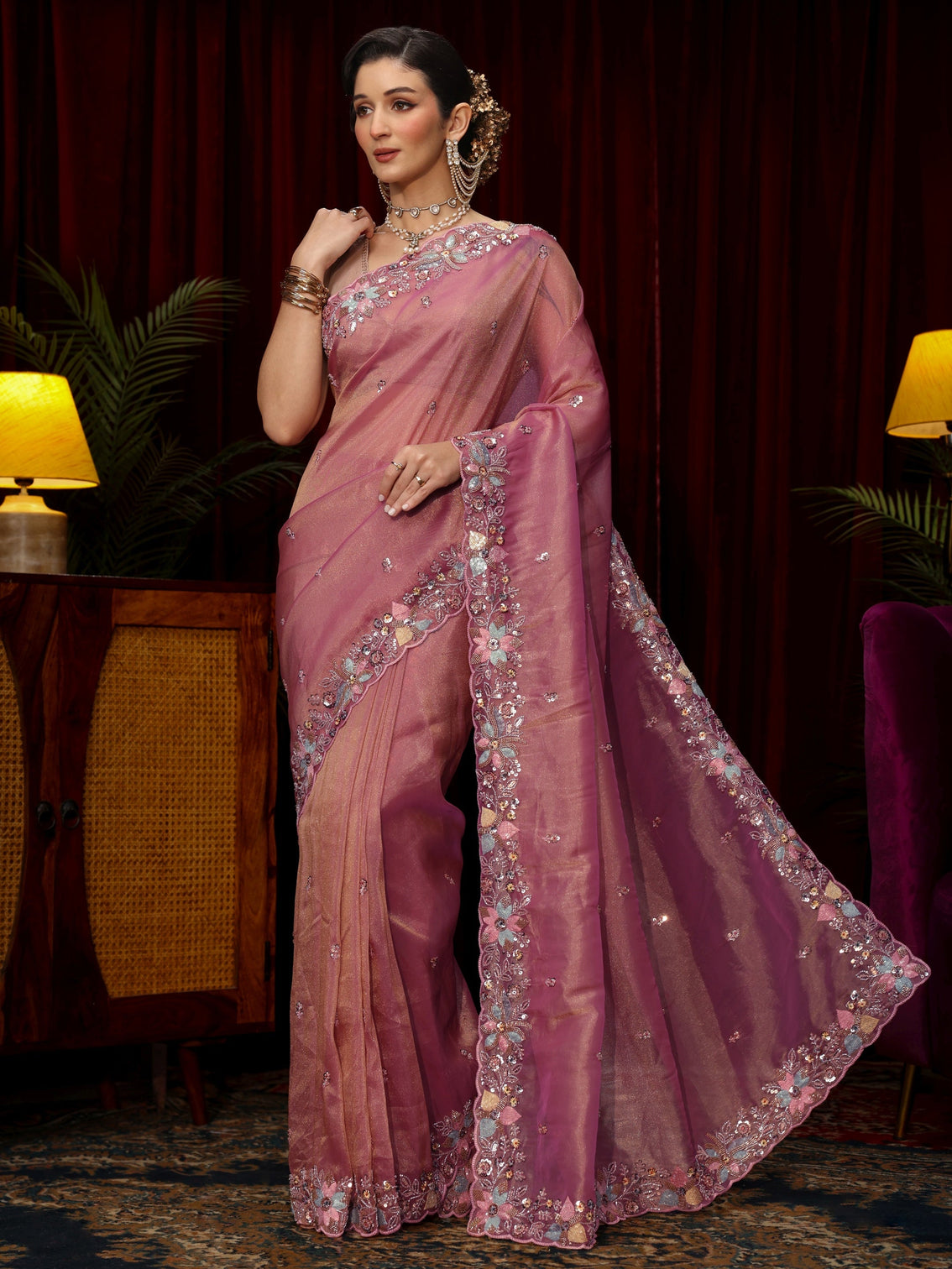 Mameraa Art Pink Sequin Embellished Tissue Saree