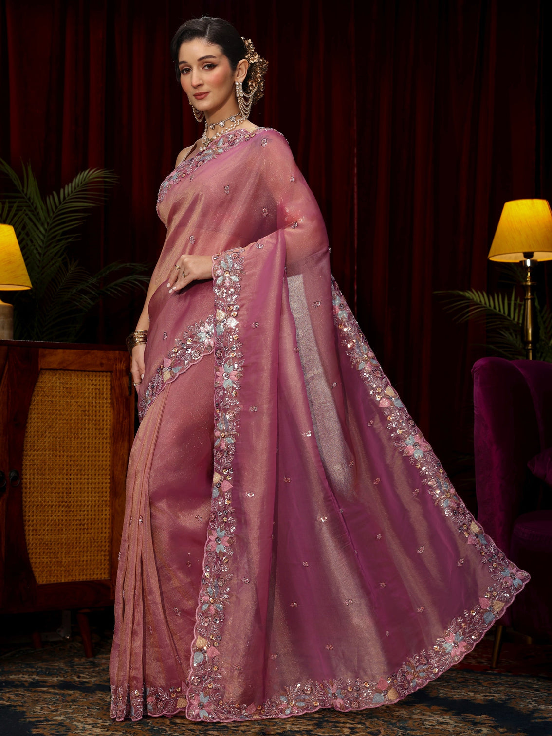Mameraa Art Pink Sequin Embellished Tissue Saree