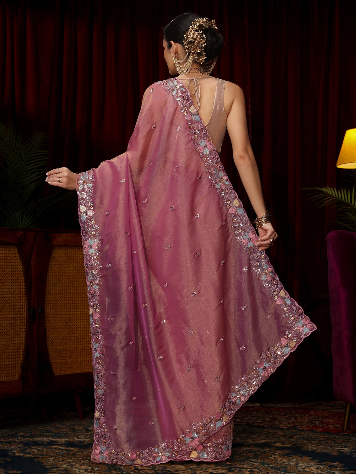 Mameraa Art Pink Sequin Embellished Tissue Saree