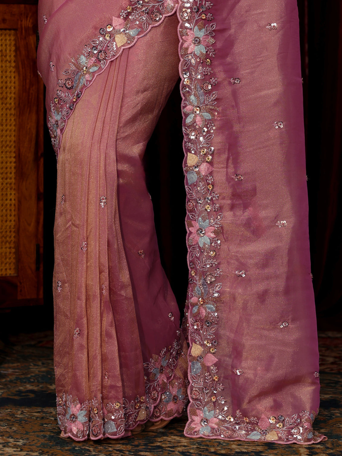 Mameraa Art Pink Sequin Embellished Tissue Saree