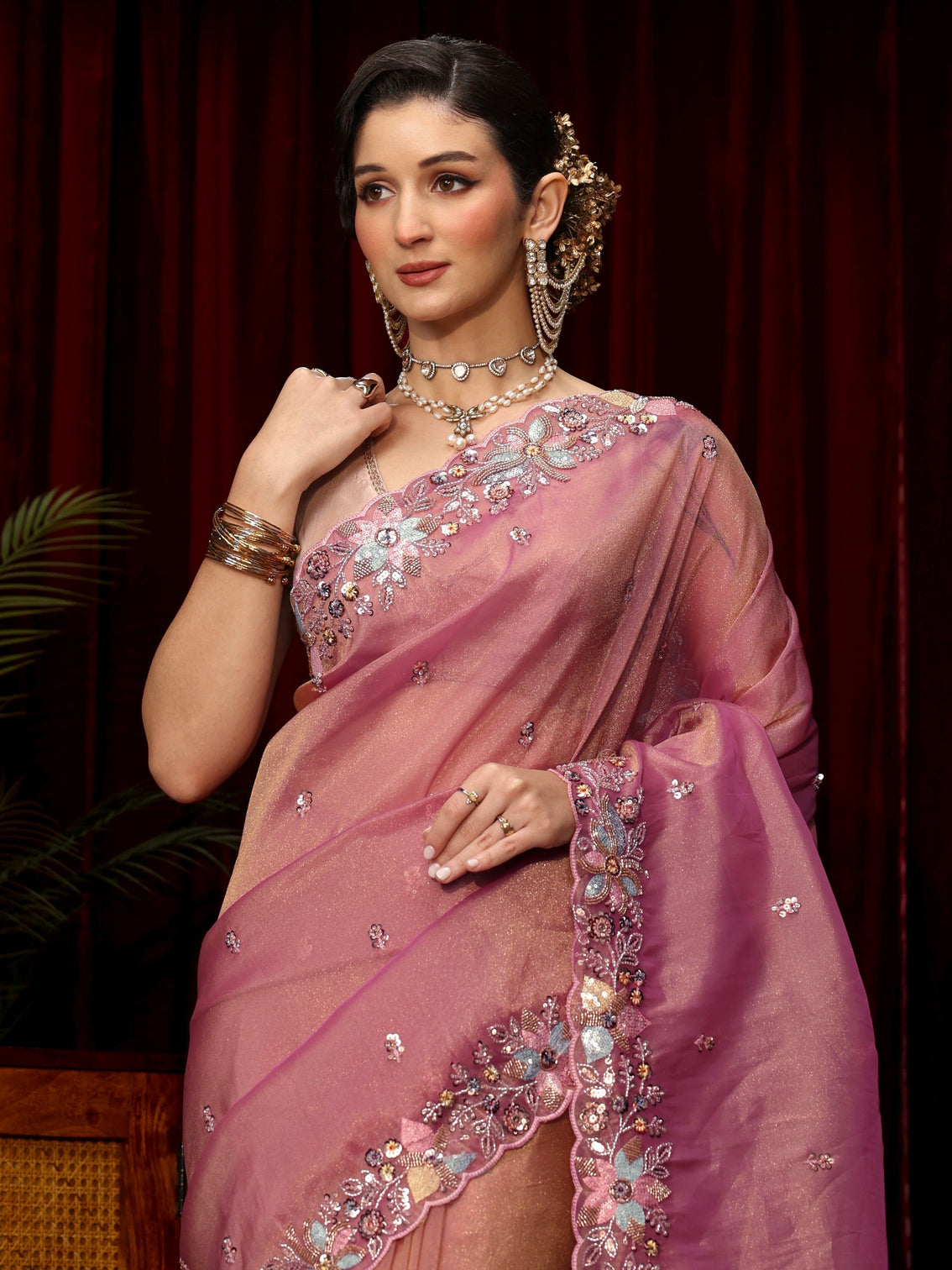 Mameraa Art Pink Sequin Embellished Tissue Saree
