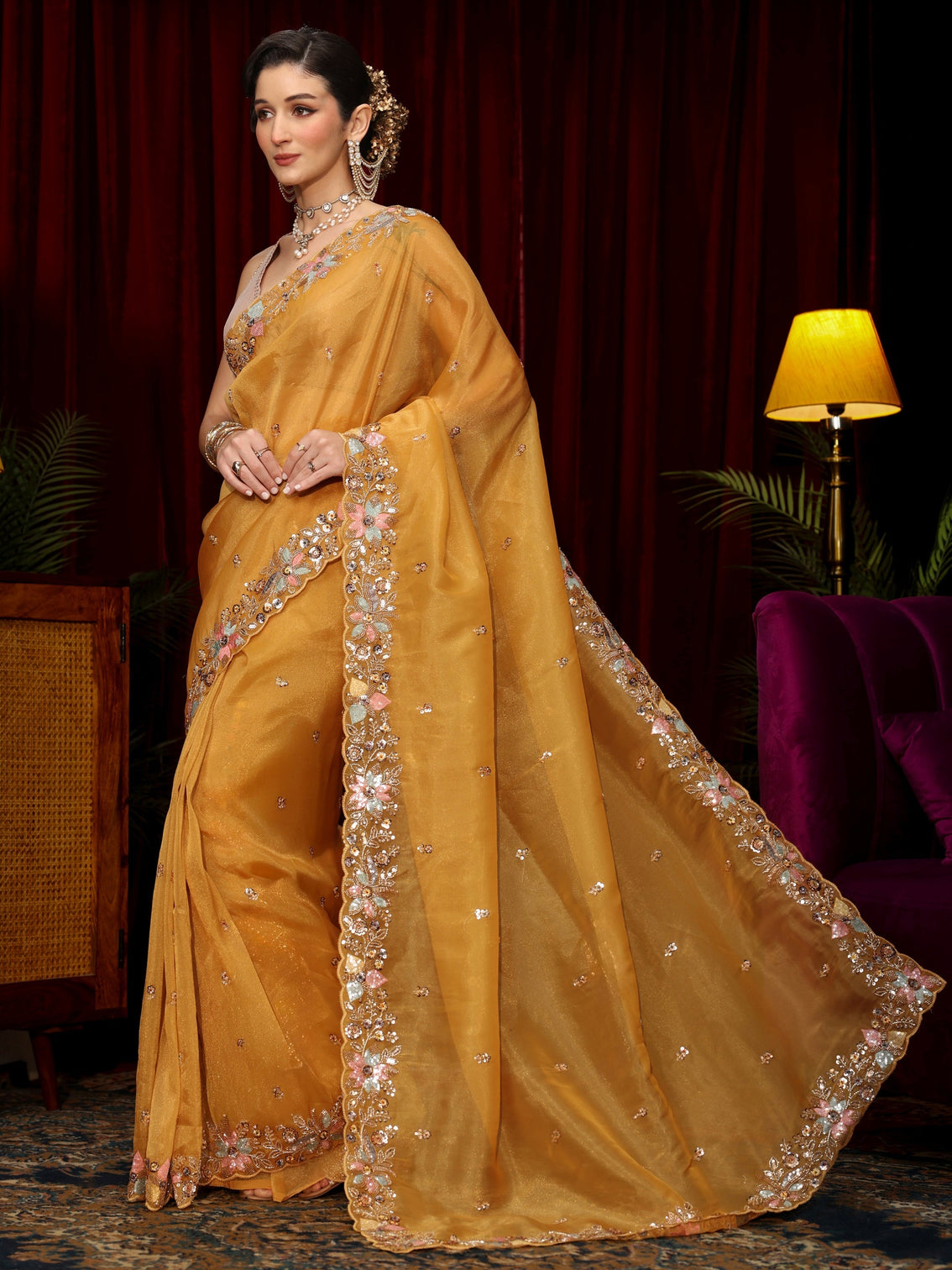 Mameraa Art Mustard Sequin Embellished Tissue Saree