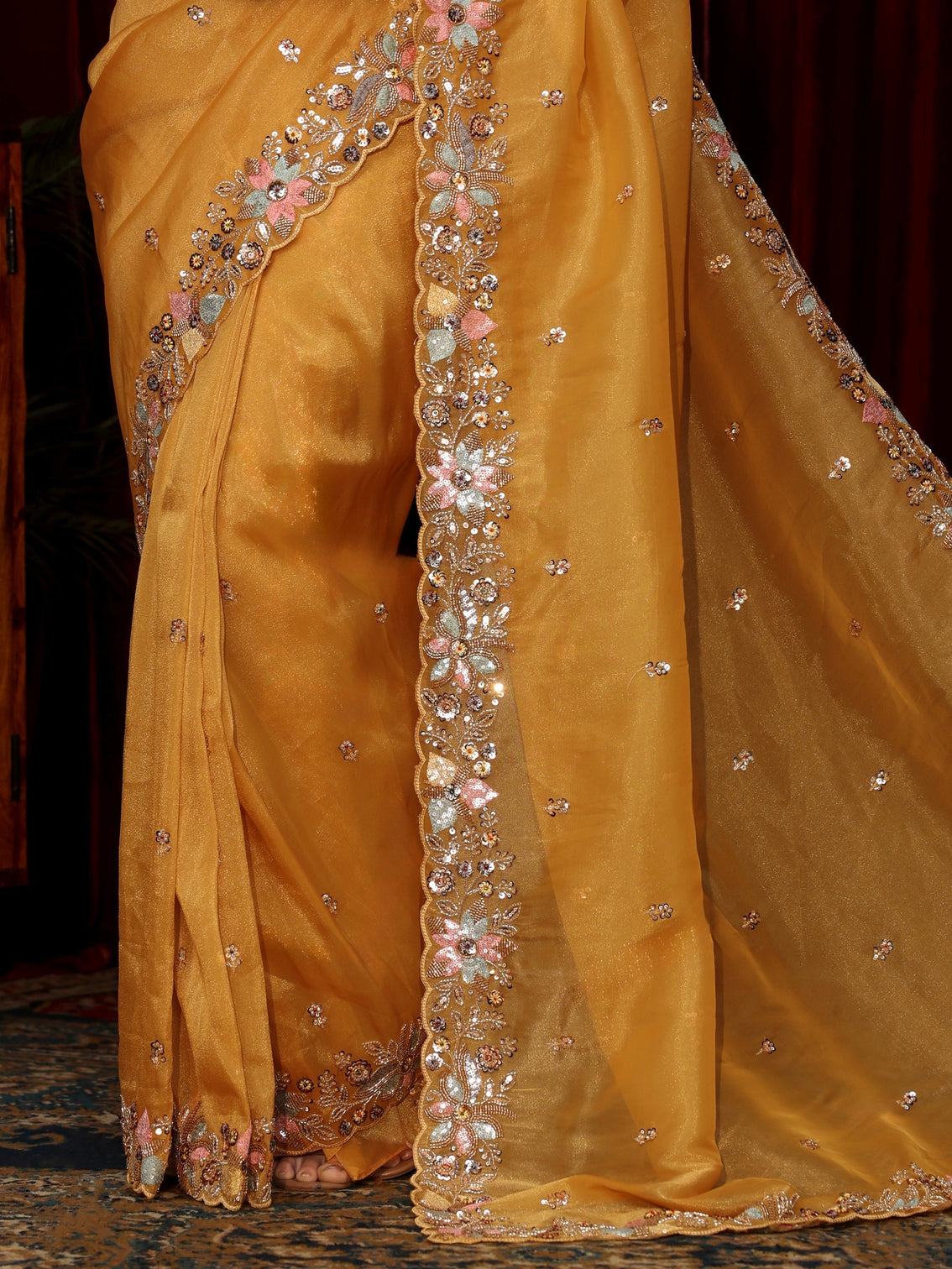 Mameraa Art Mustard Sequin Embellished Tissue Saree