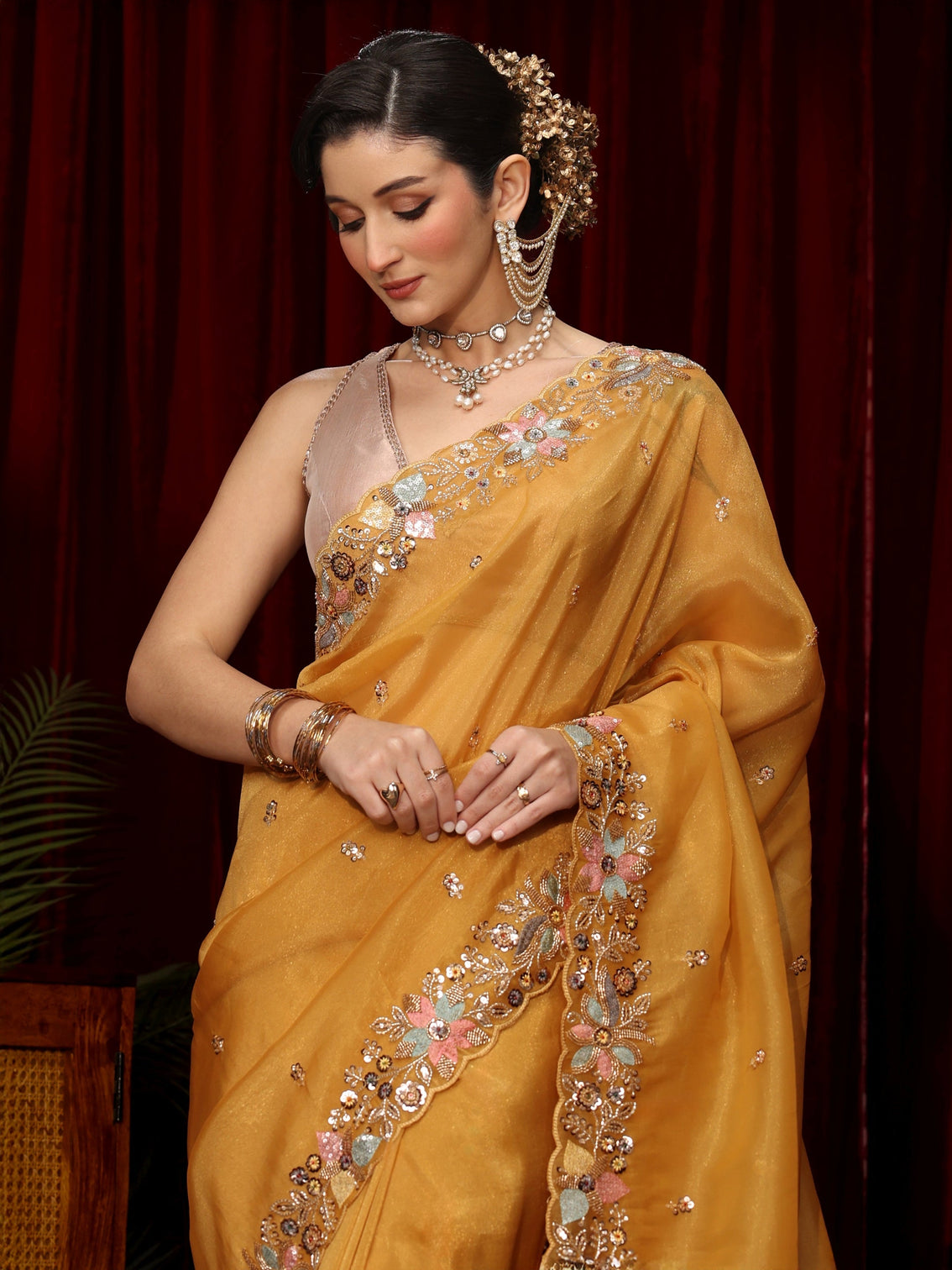 Mameraa Art Mustard Sequin Embellished Tissue Saree