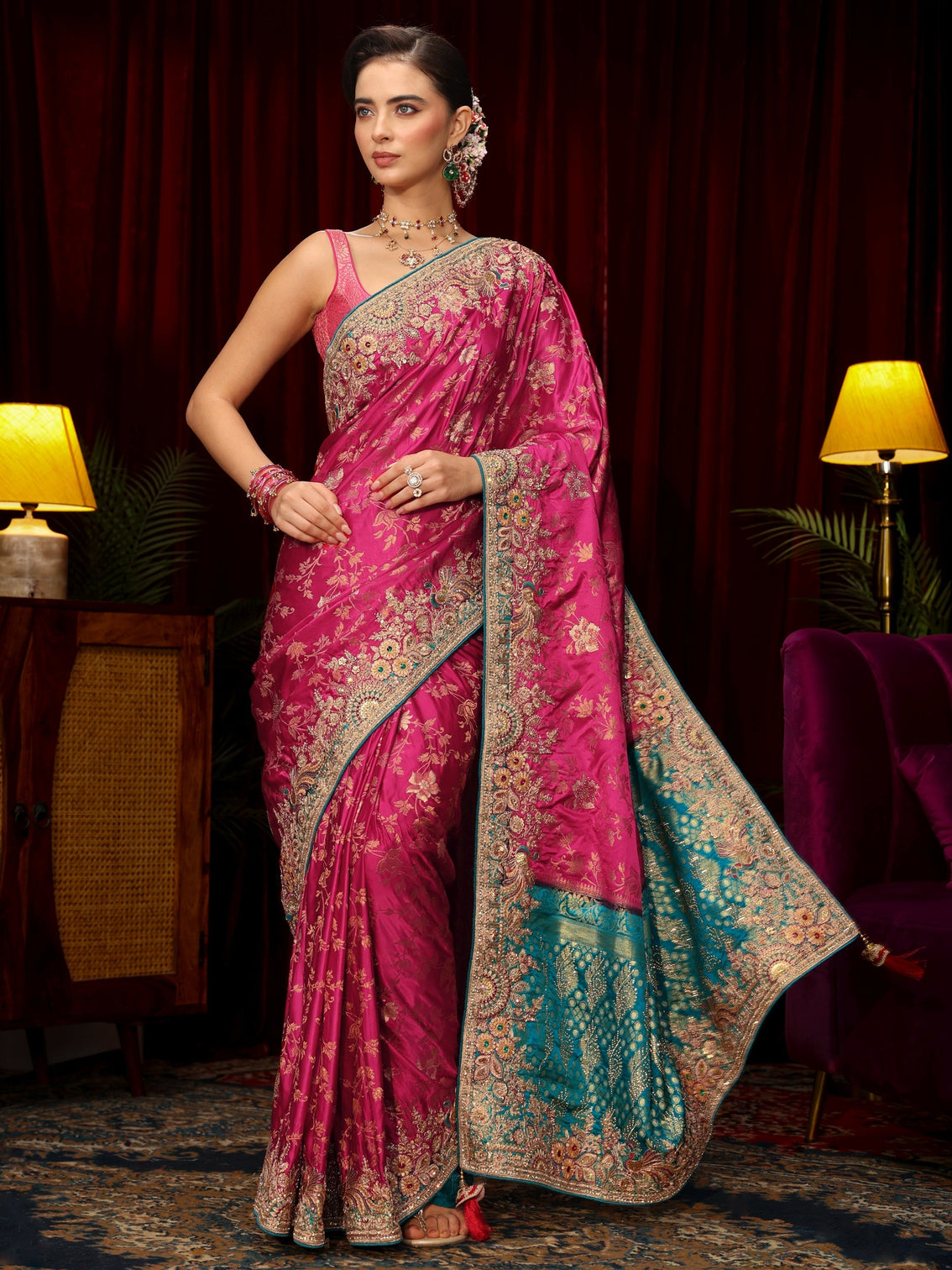 Mameraa Art Rani Pink Floral Woven Silk Blend Saree with Embellished Border