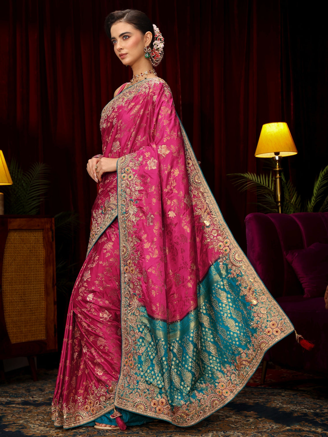 Mameraa Art Rani Pink Floral Woven Silk Blend Saree with Embellished Border