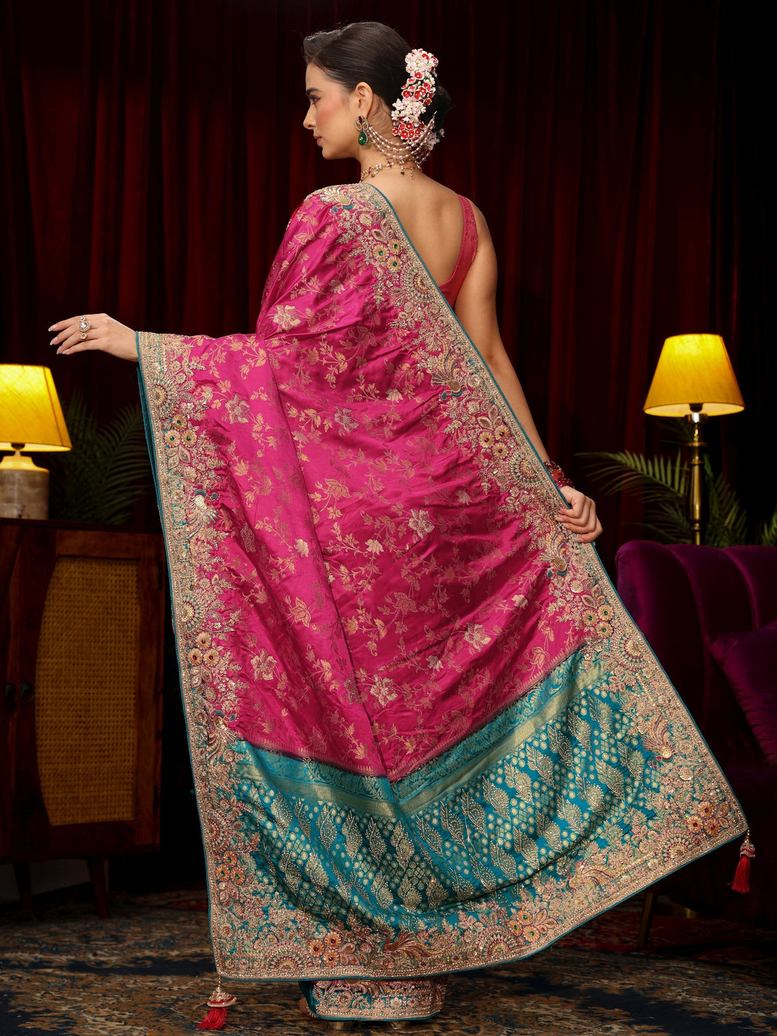 Mameraa Art Rani Pink Floral Woven Silk Blend Saree with Embellished Border