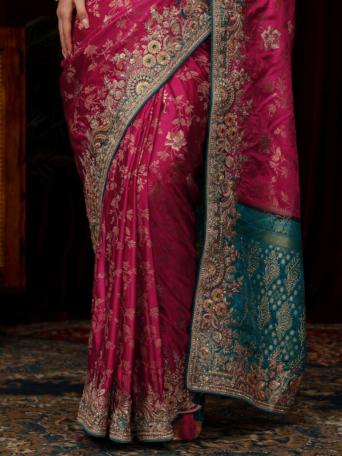 Mameraa Art Rani Pink Floral Woven Silk Blend Saree with Embellished Border