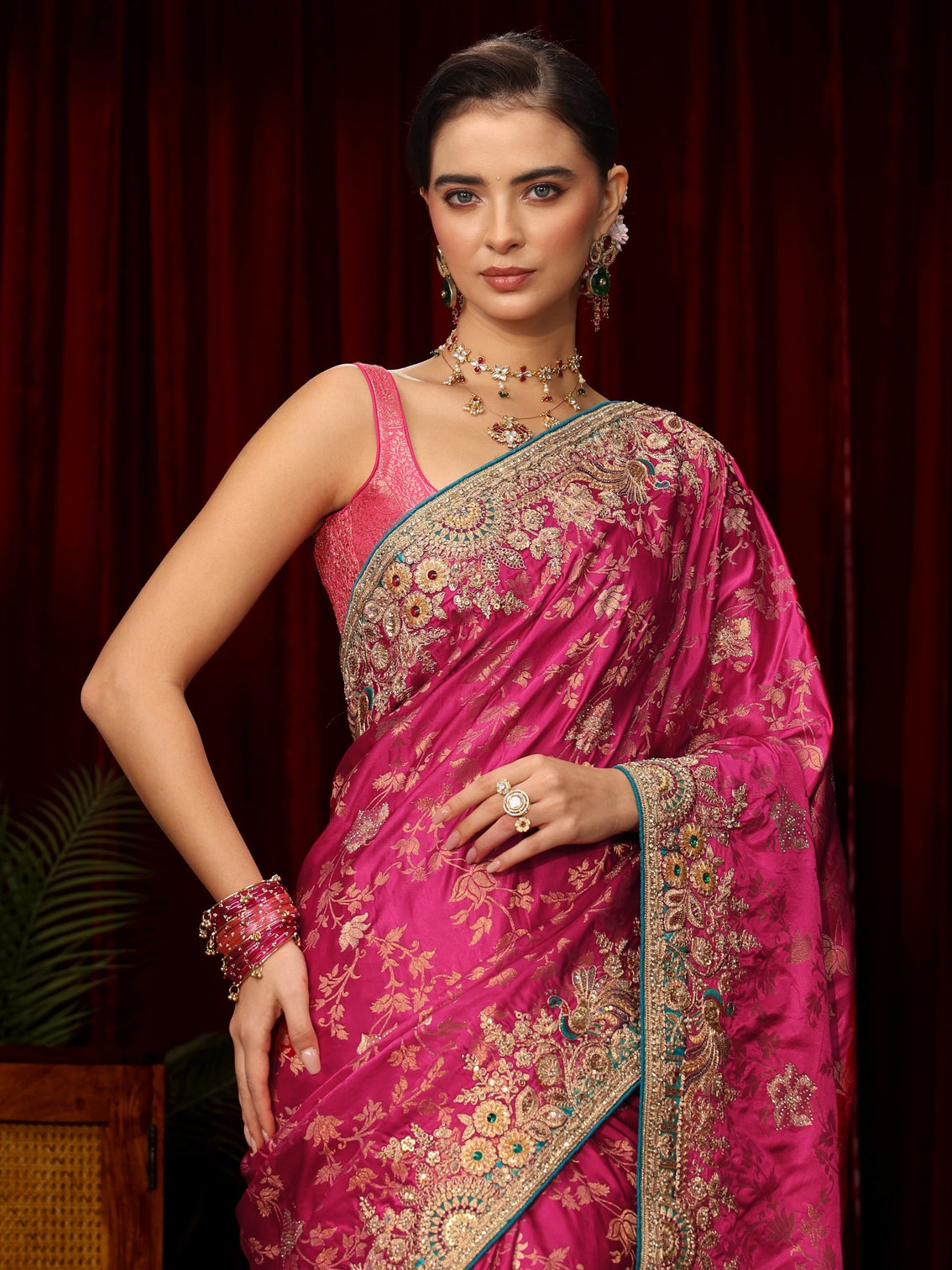 Mameraa Art Rani Pink Floral Woven Silk Blend Saree with Embellished Border