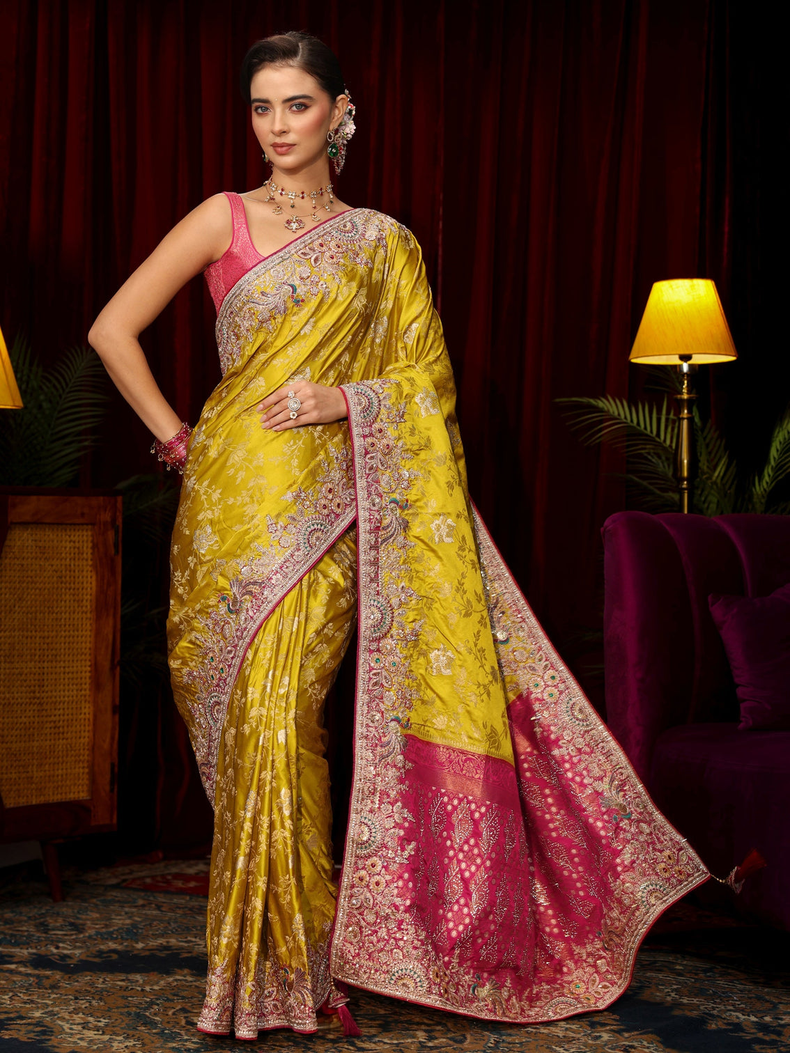 Mameraa Art Mustard Floral Woven Silk Blend Saree with Embellished Border