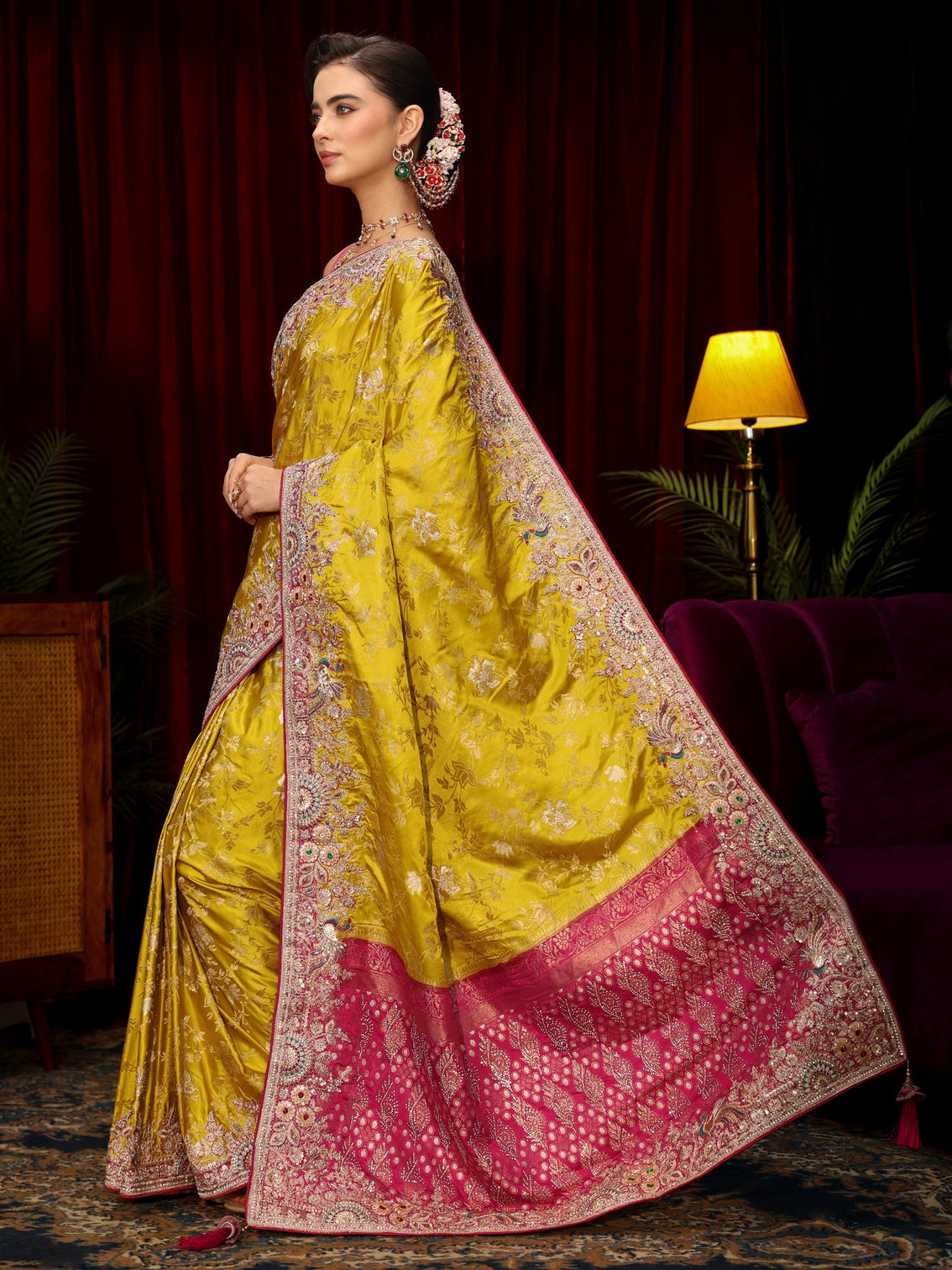 Mameraa Art Mustard Floral Woven Silk Blend Saree with Embellished Border