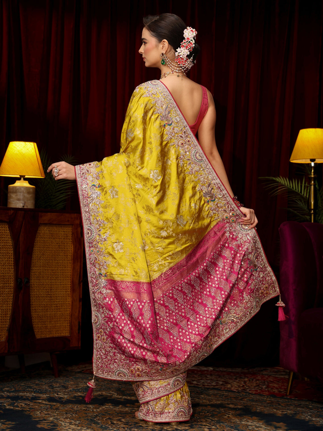 Mameraa Art Mustard Floral Woven Silk Blend Saree with Embellished Border