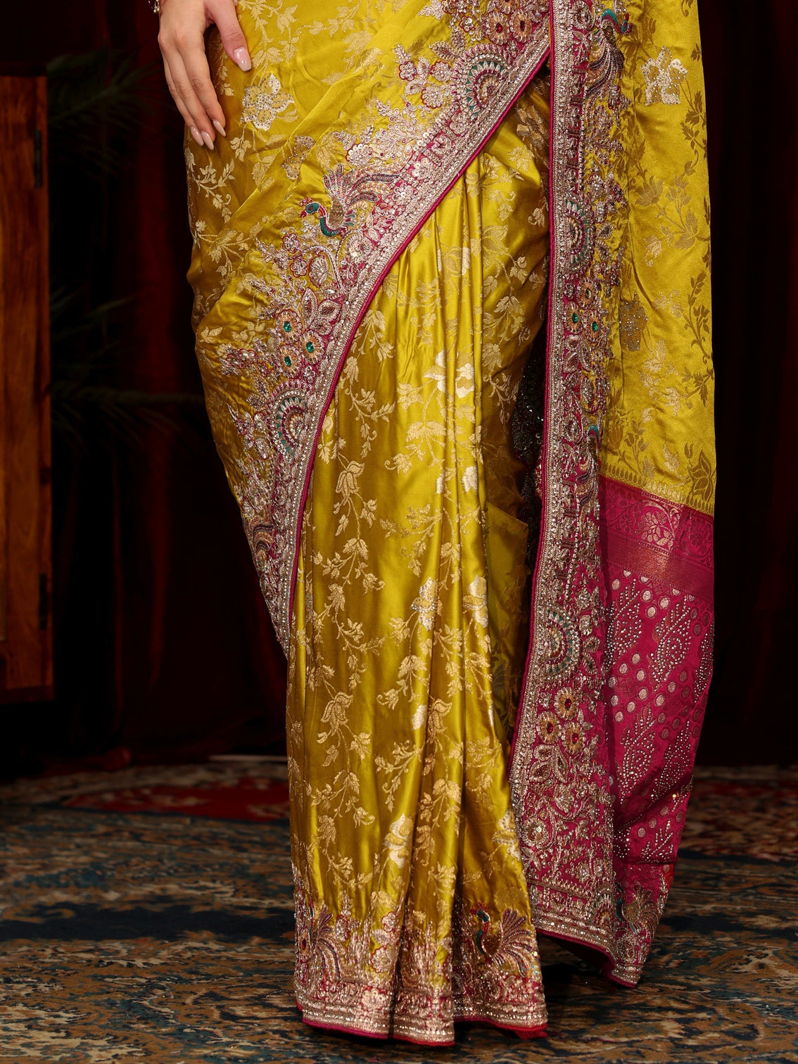 Mameraa Art Mustard Floral Woven Silk Blend Saree with Embellished Border
