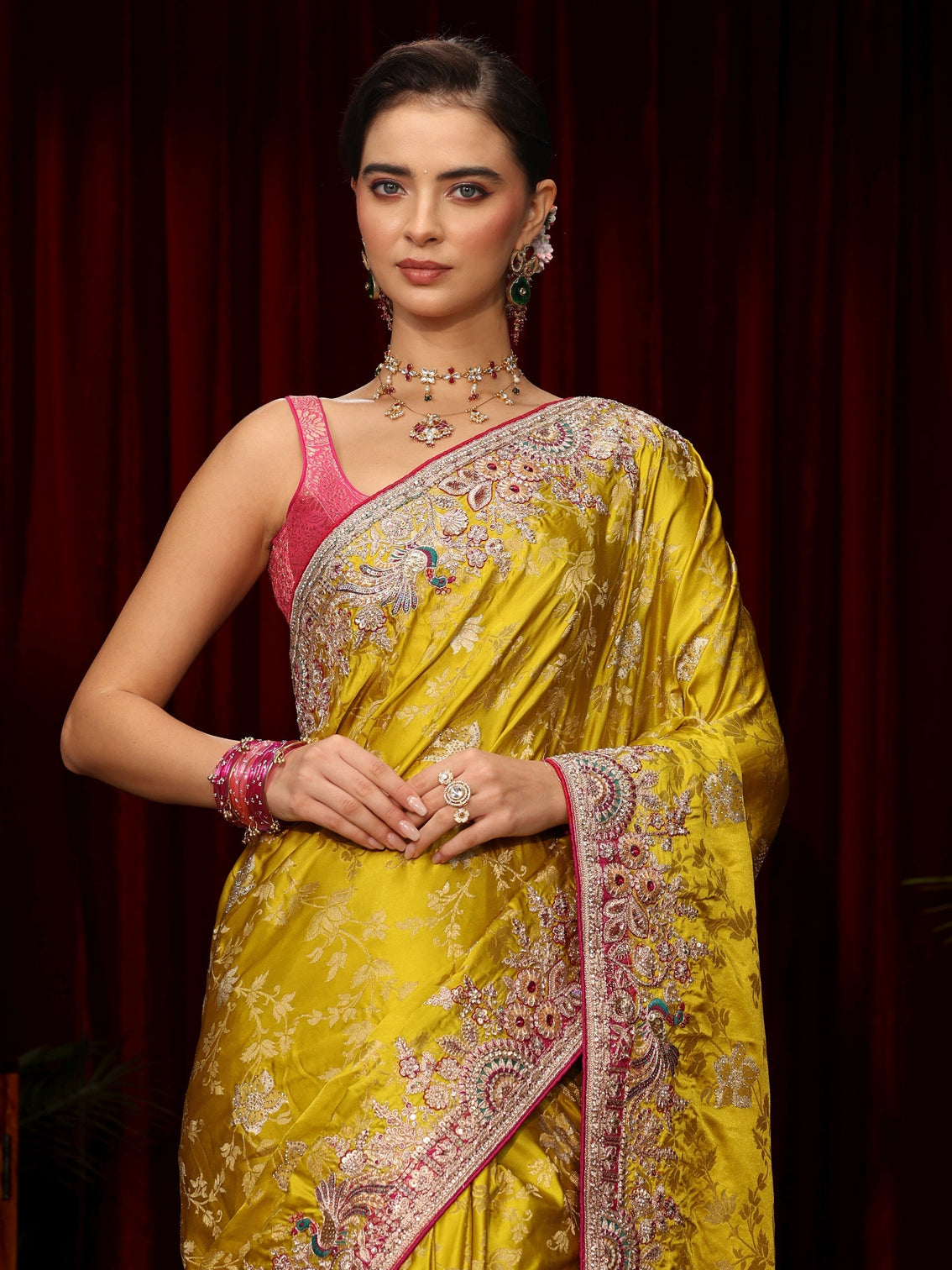Mameraa Art Mustard Floral Woven Silk Blend Saree with Embellished Border