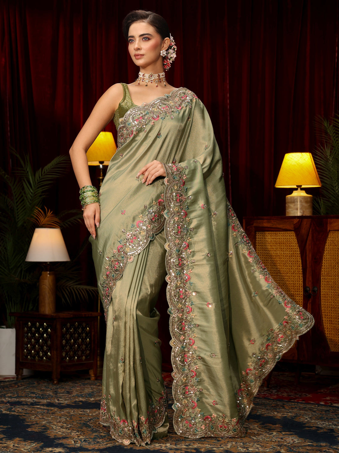 Mameraa Art Sage Green Sequin Silk Blend Saree with Floral Embroidered Border