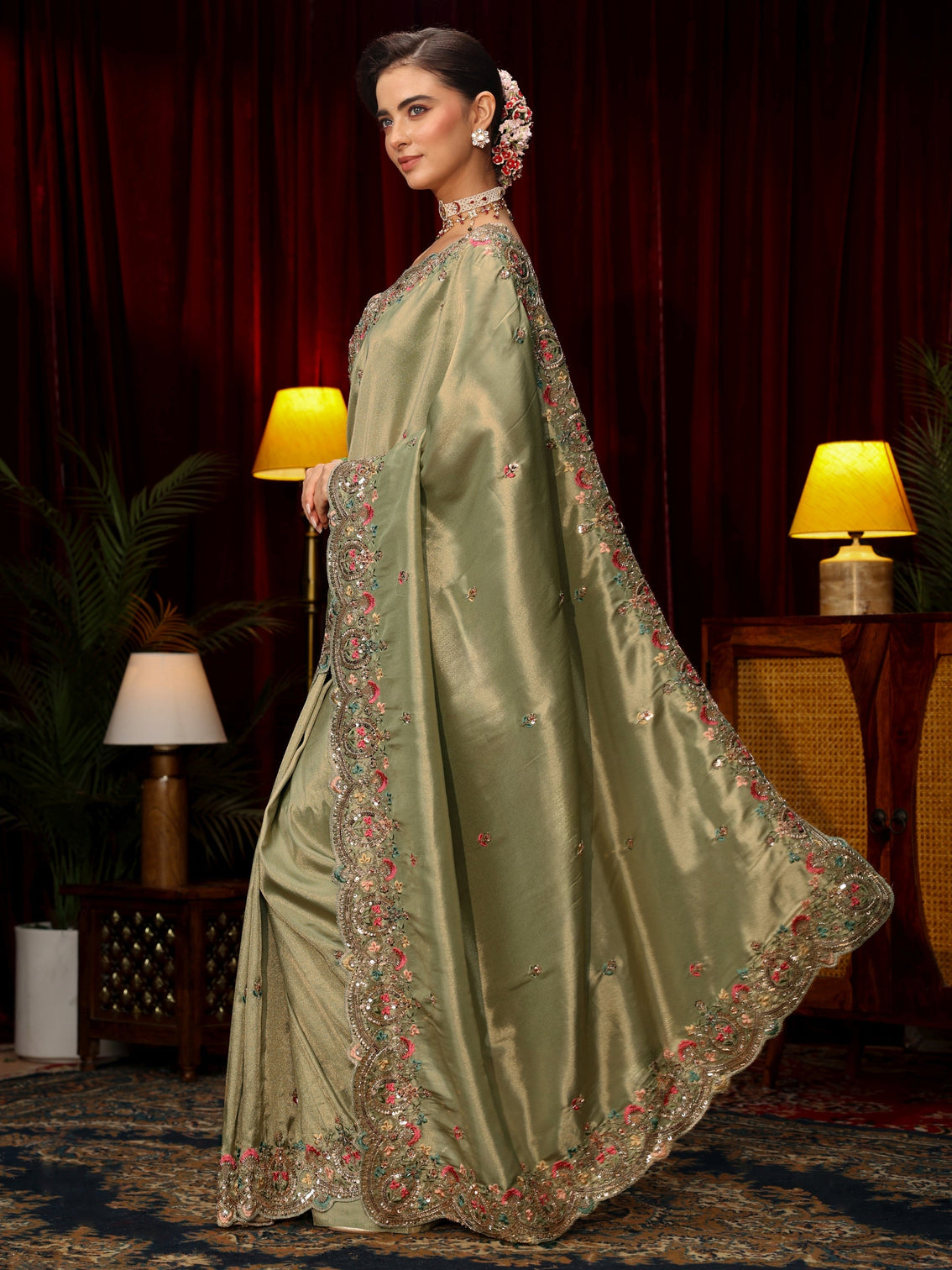 Mameraa Art Sage Green Sequin Silk Blend Saree with Floral Embroidered Border