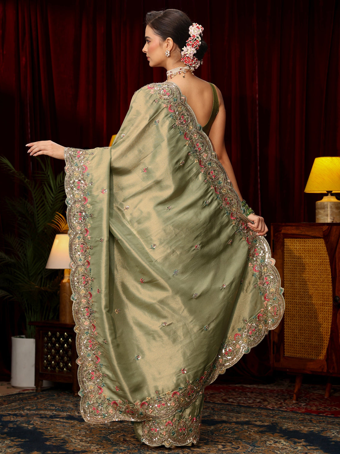 Mameraa Art Sage Green Sequin Silk Blend Saree with Floral Embroidered Border
