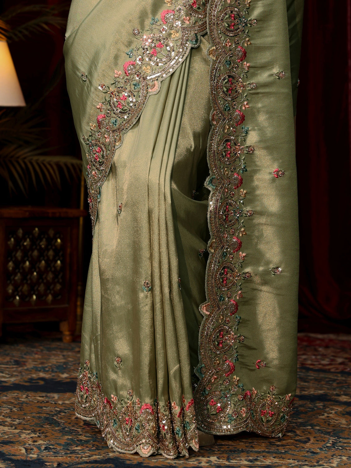Mameraa Art Sage Green Sequin Silk Blend Saree with Floral Embroidered Border
