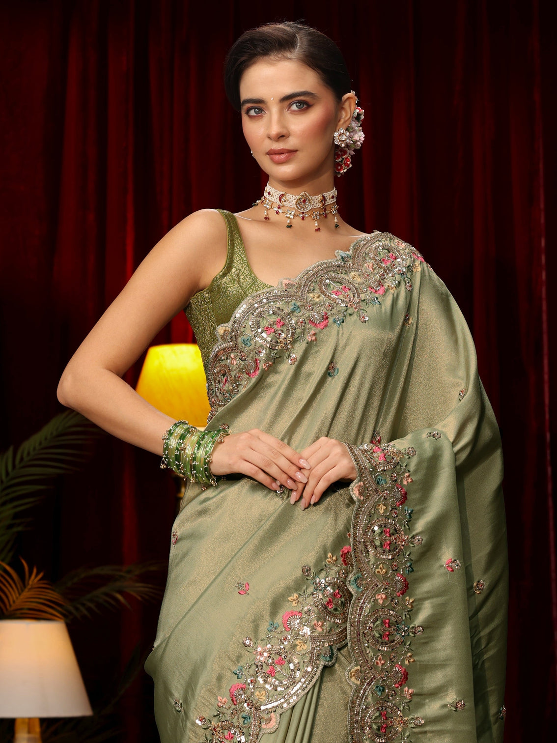 Mameraa Art Sage Green Sequin Silk Blend Saree with Floral Embroidered Border