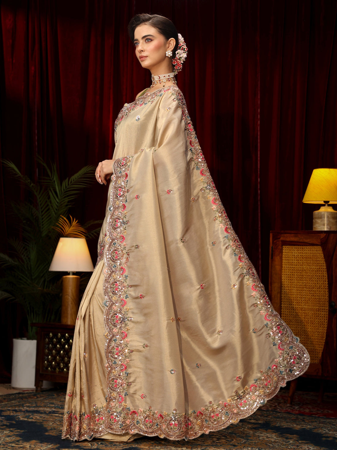 Mameraa Art Beige Sequin Silk Blend Saree with Floral Embroidered Border