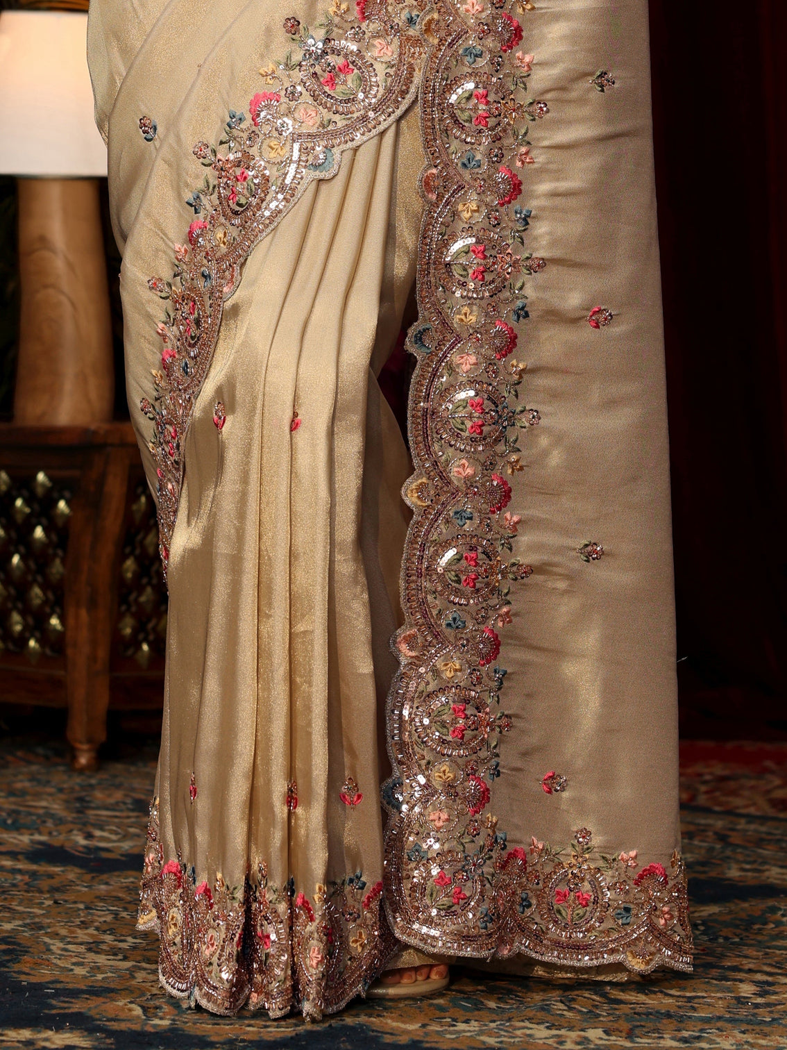 Mameraa Art Beige Sequin Silk Blend Saree with Floral Embroidered Border