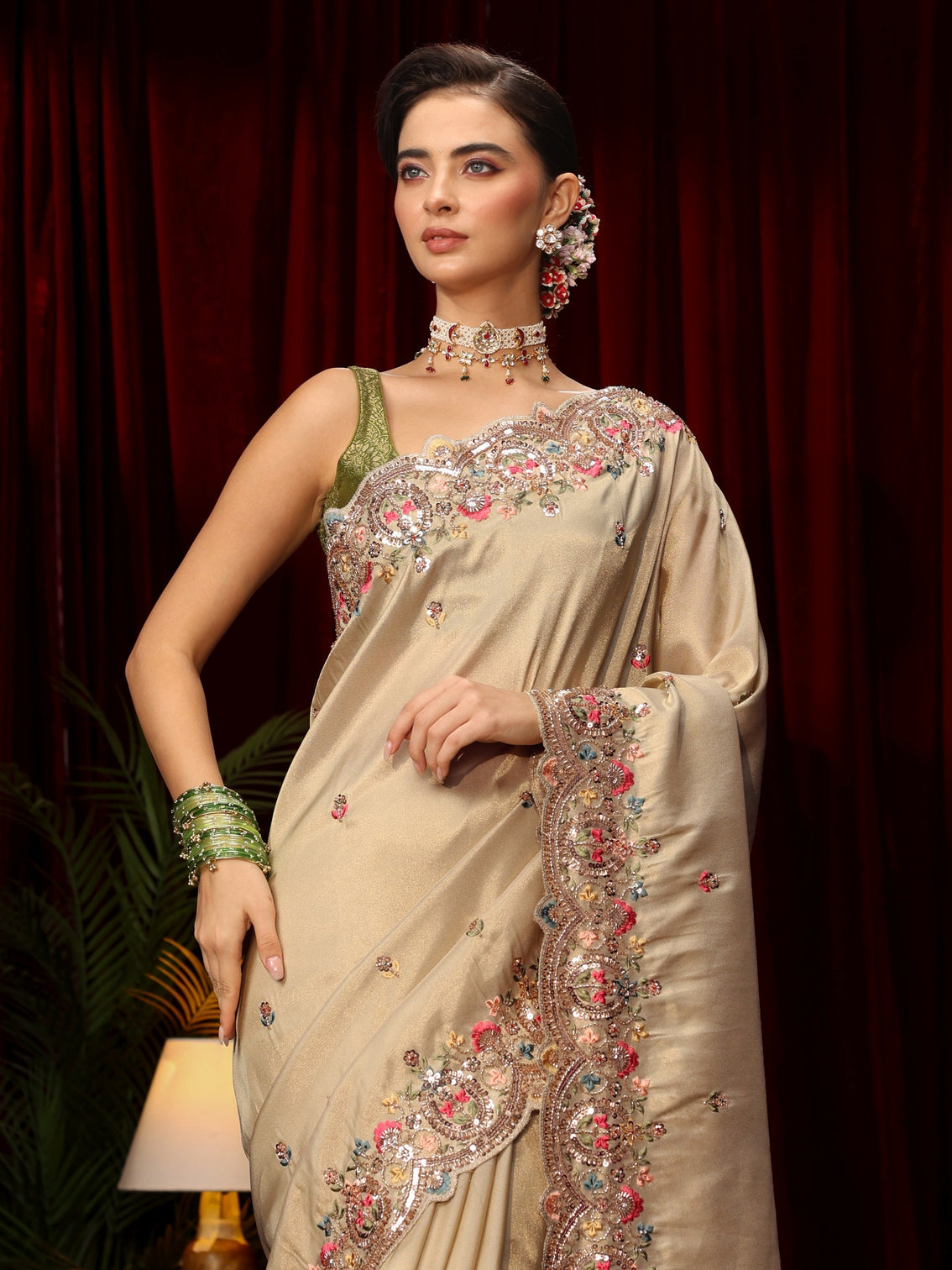 Mameraa Art Beige Sequin Silk Blend Saree with Floral Embroidered Border