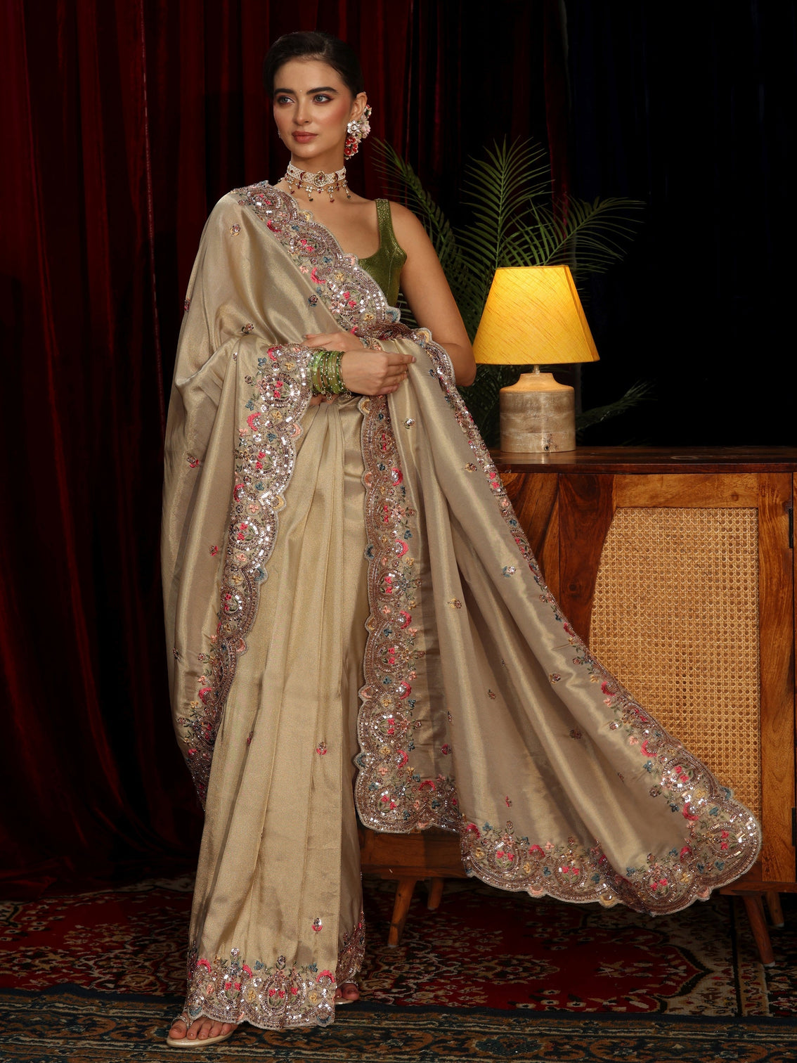 Mameraa Art Beige Sequin Silk Blend Saree with Floral Embroidered Border