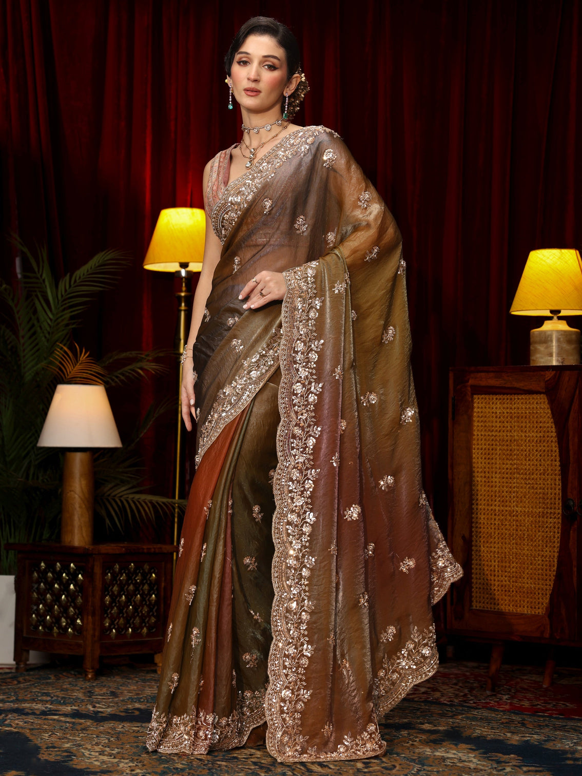 Mameraa Art Brown Floral Sequin Embellished Tissue Saree