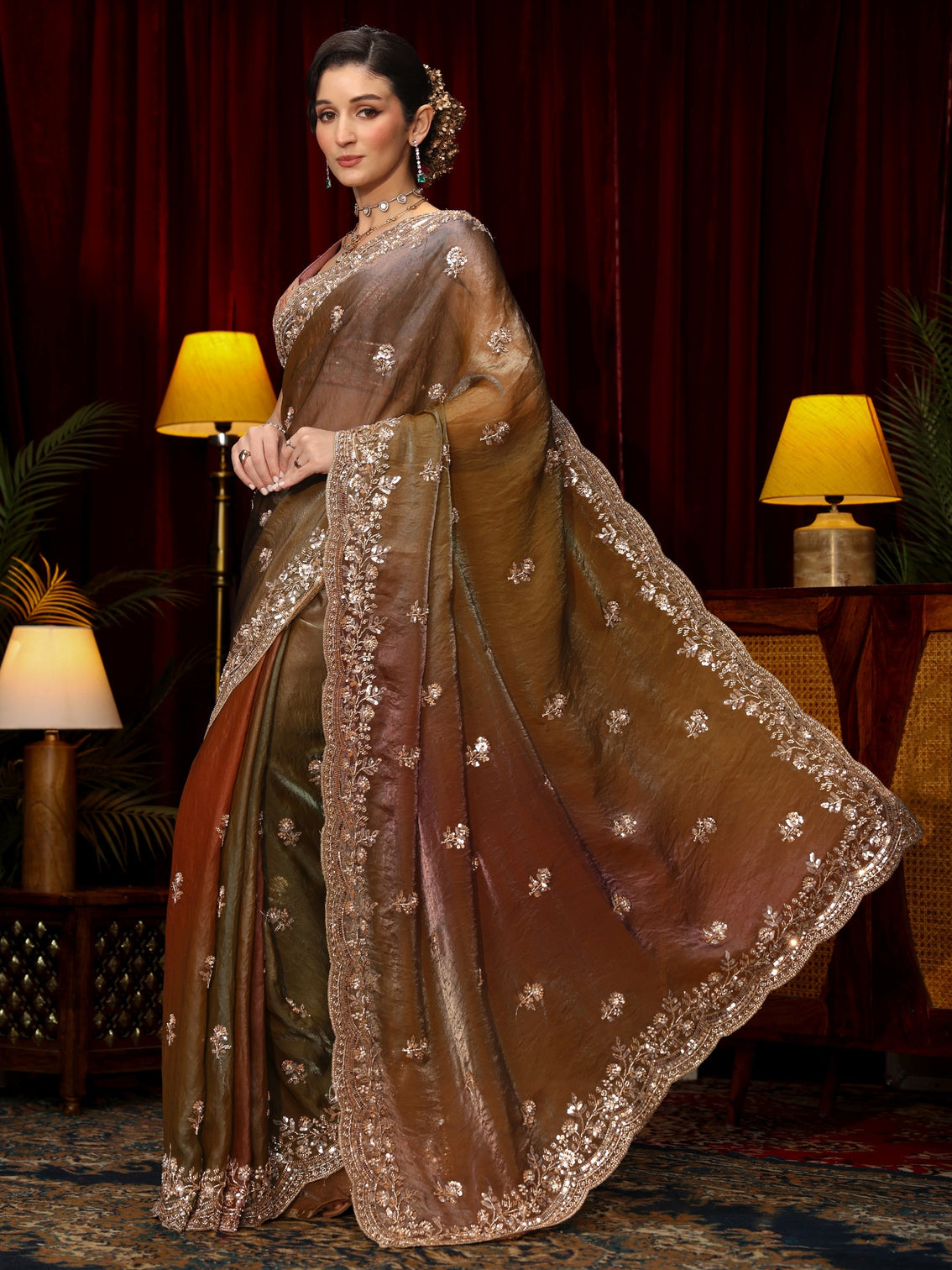 Mameraa Art Brown Floral Sequin Embellished Tissue Saree