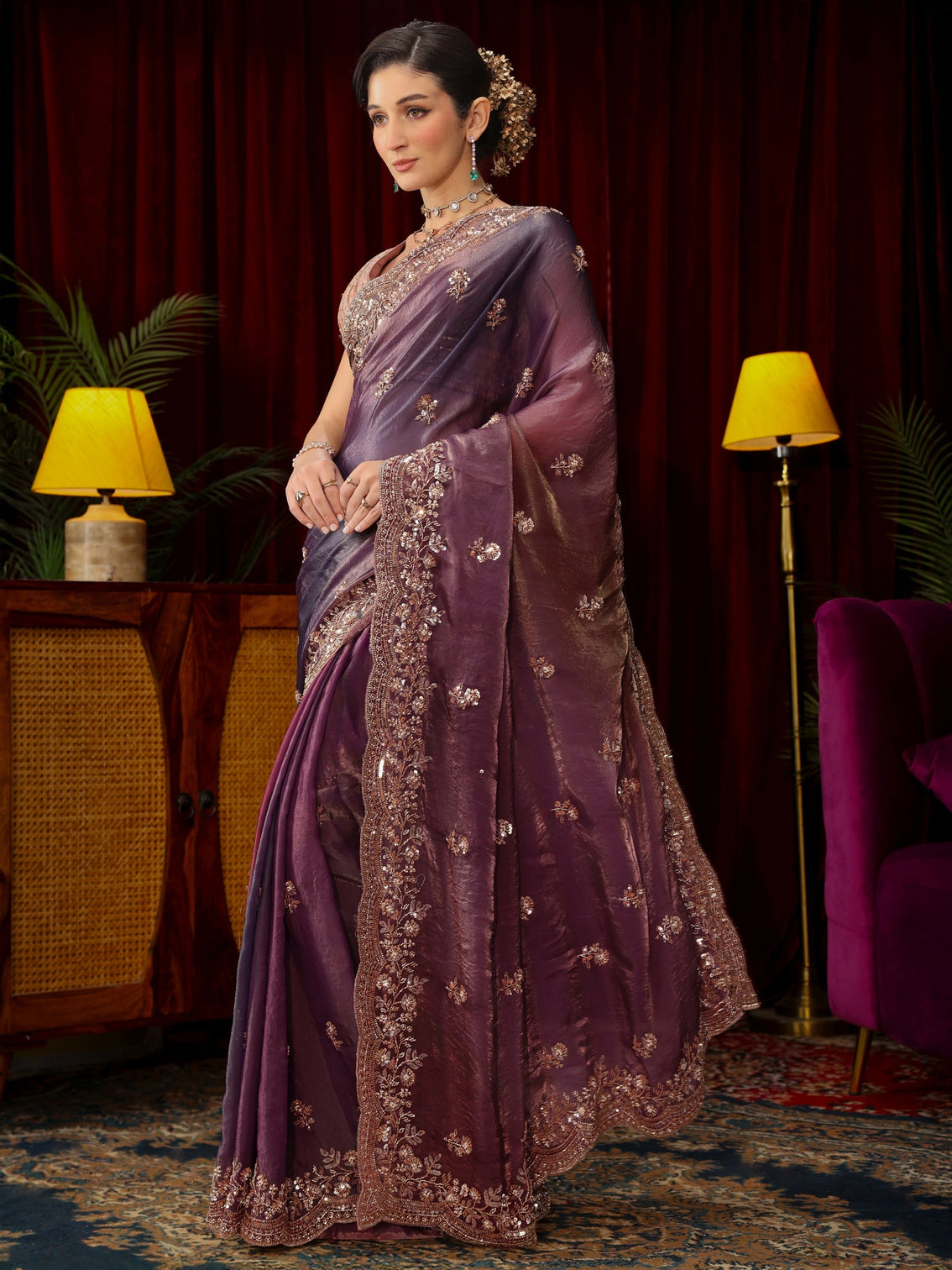Mameraa Art Mauve Floral Sequin Embellished Tissue Saree