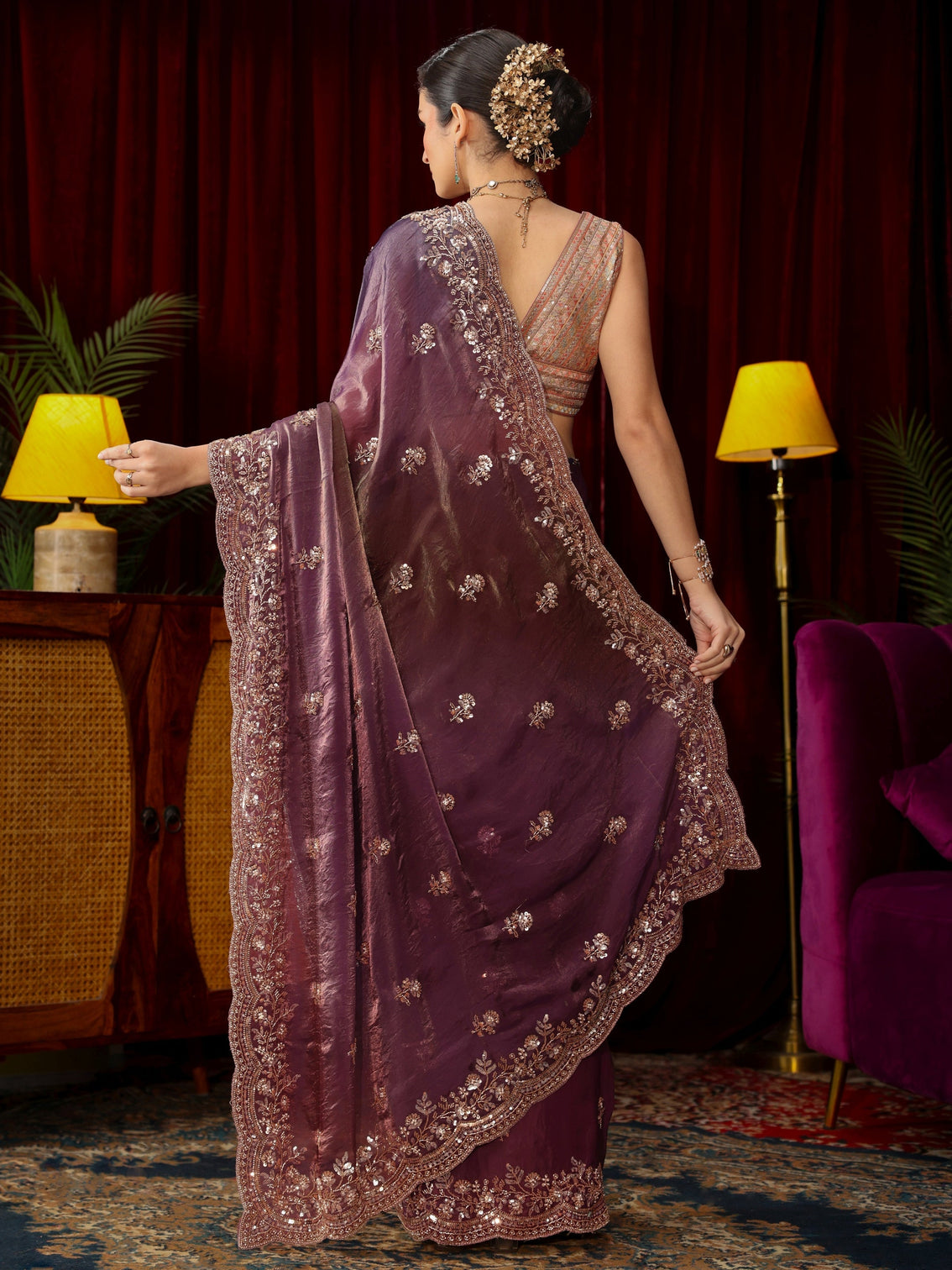 Mameraa Art Mauve Floral Sequin Embellished Tissue Saree