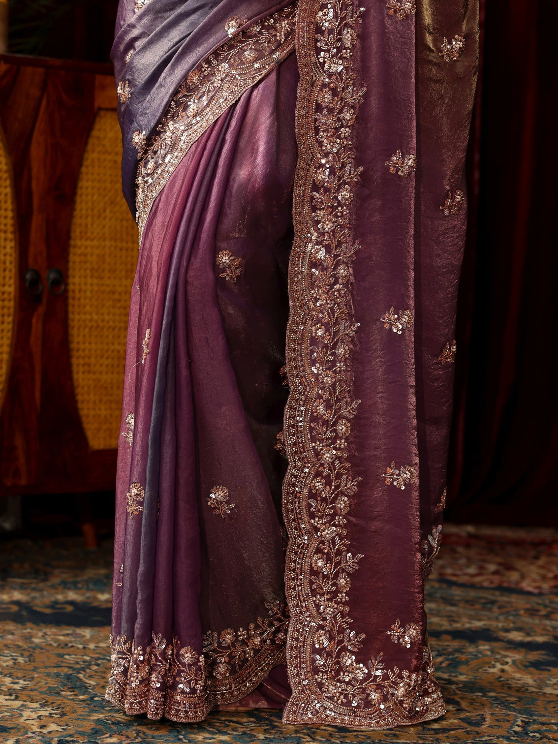Mameraa Art Mauve Floral Sequin Embellished Tissue Saree